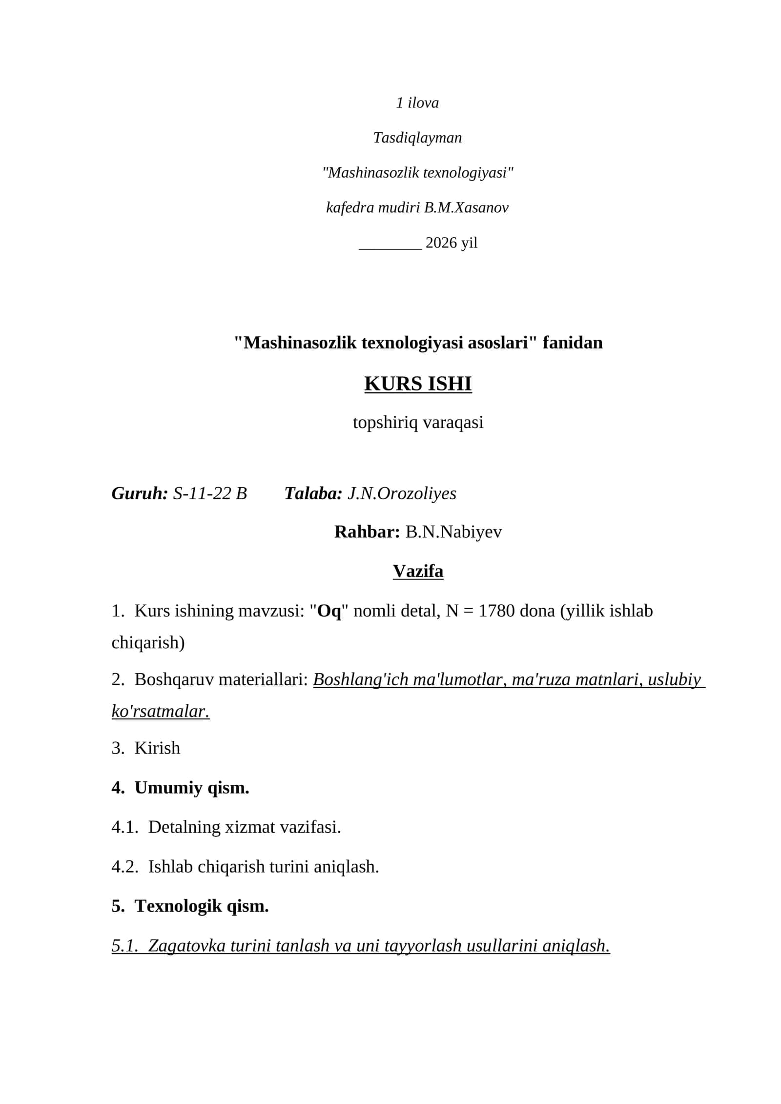 "Mashinasozlik texnologiyasi asoslari" – Kurs ishi