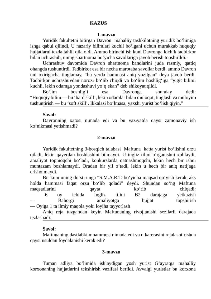 Huquqshunoslik fanidan tuzilgan kazuslar