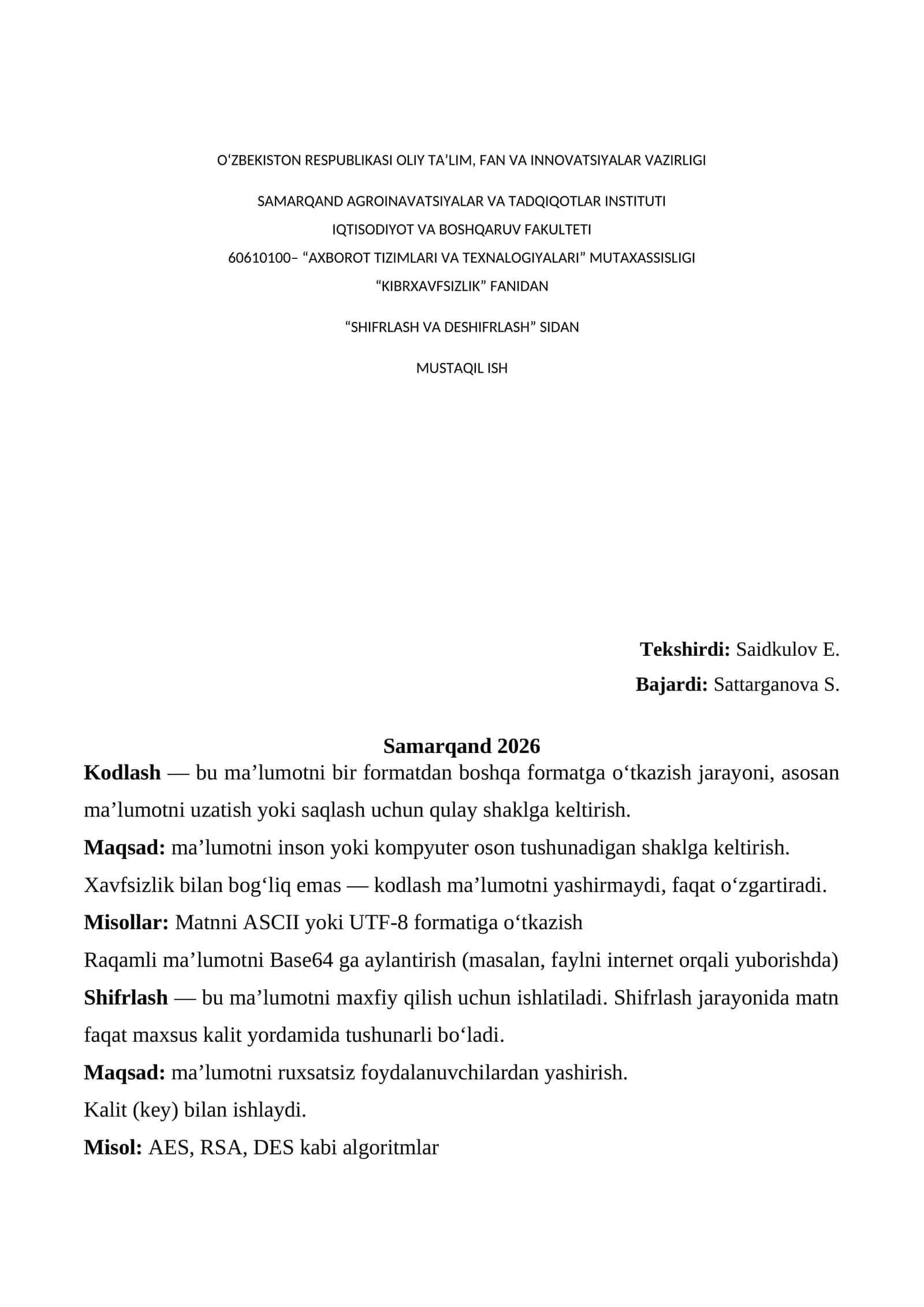 AXBOROT TIZIMLARI VA TEXNALOGIYALARI