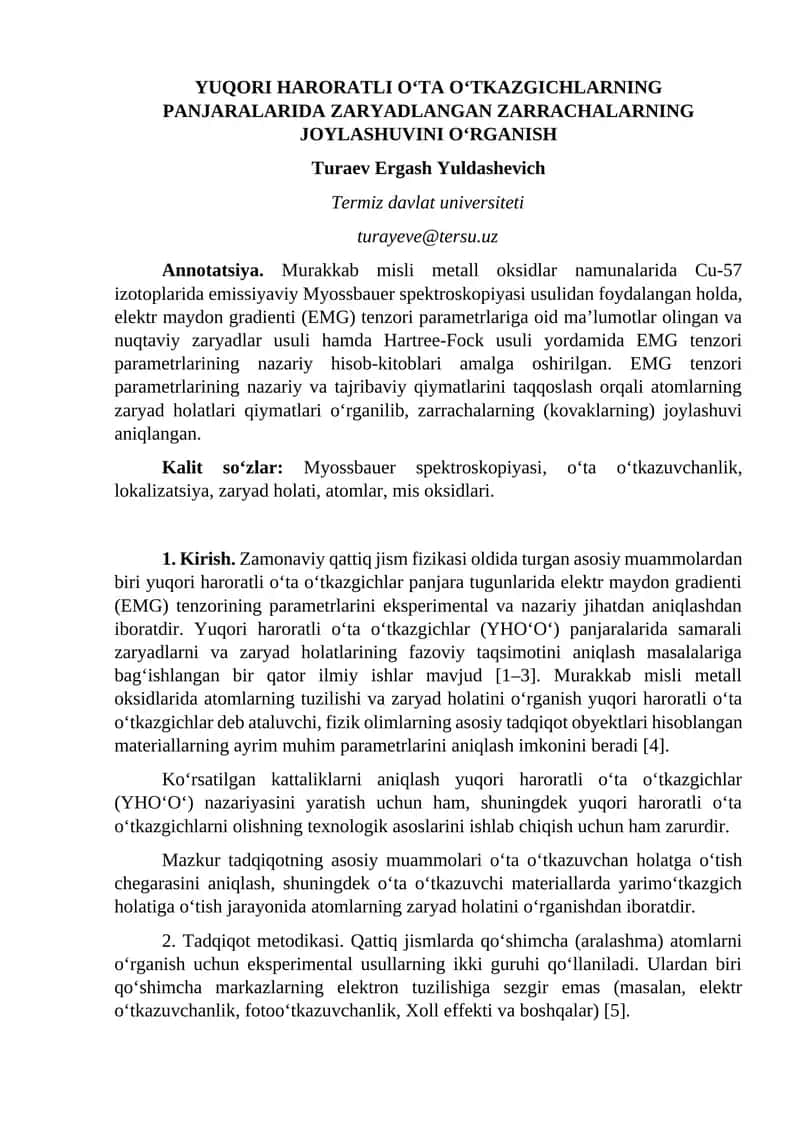 Yuqori haroratli o‘ta o‘tkazgichlarning panjaralarida zaryadlangan zarrachalarning joylashuvi