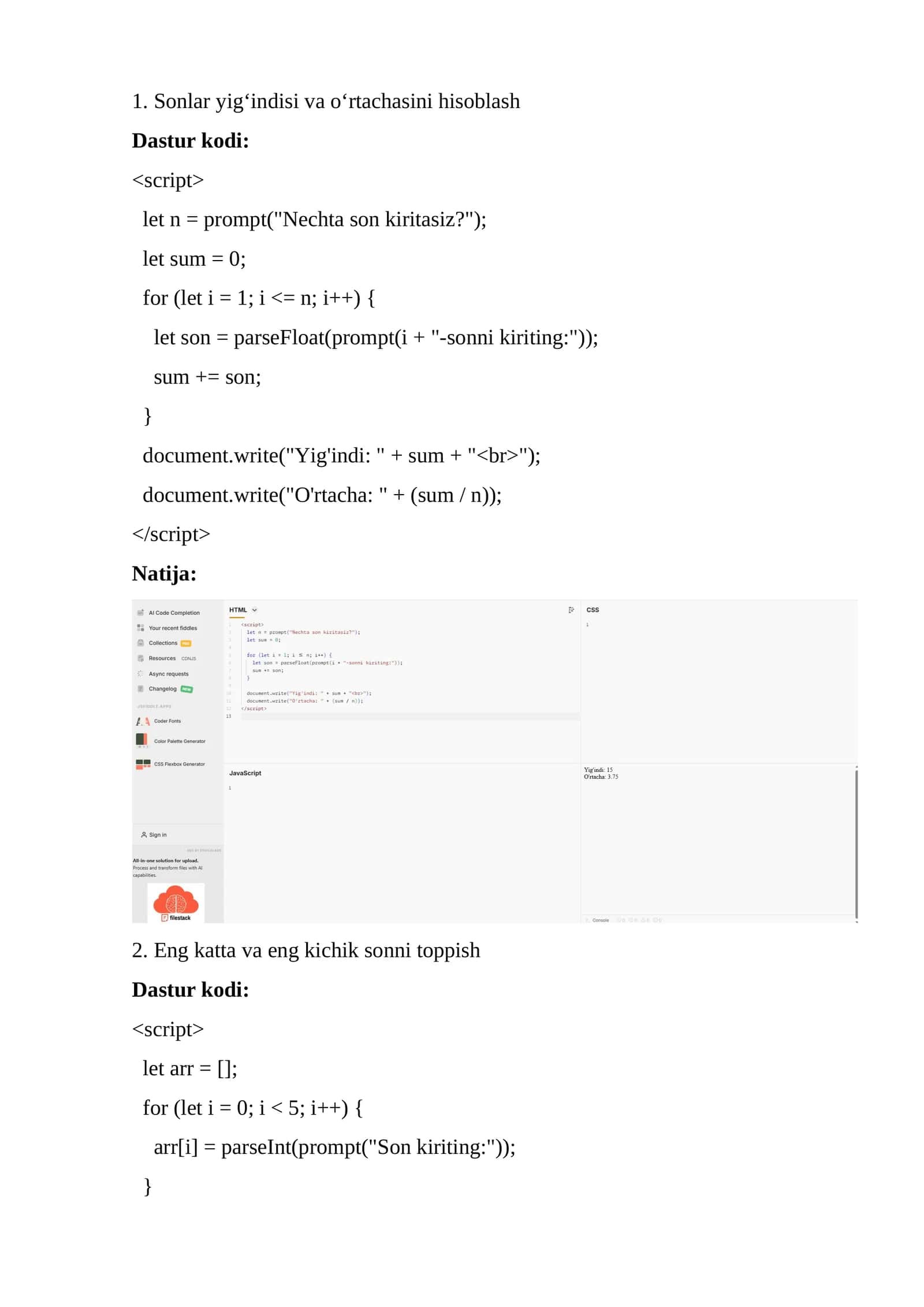 Mantiqiy elementlar masalalari javascript