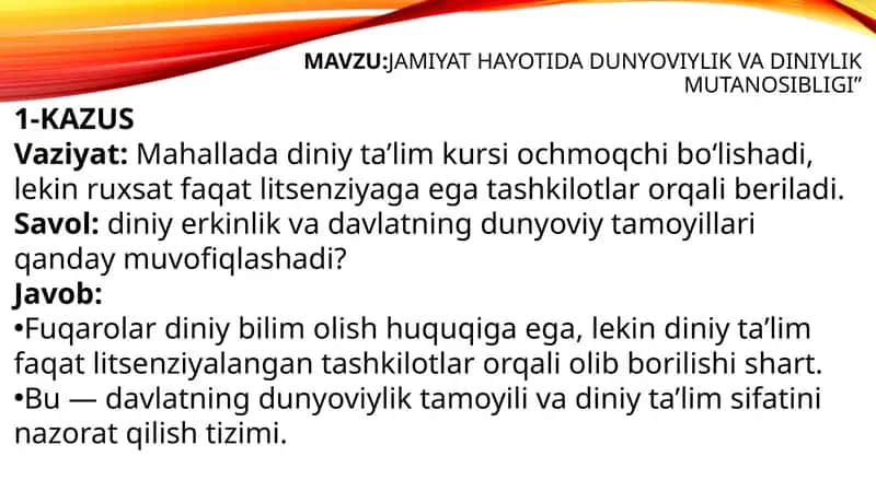 Jamiyat hayotida dunyoviylik va diniylik mutanosibligi