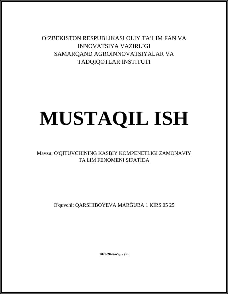 O'QITUVCHINING KASBIY KOMPENETLIGI ZAMONAVIY TA'LIM FENOMENI SIFATIDA