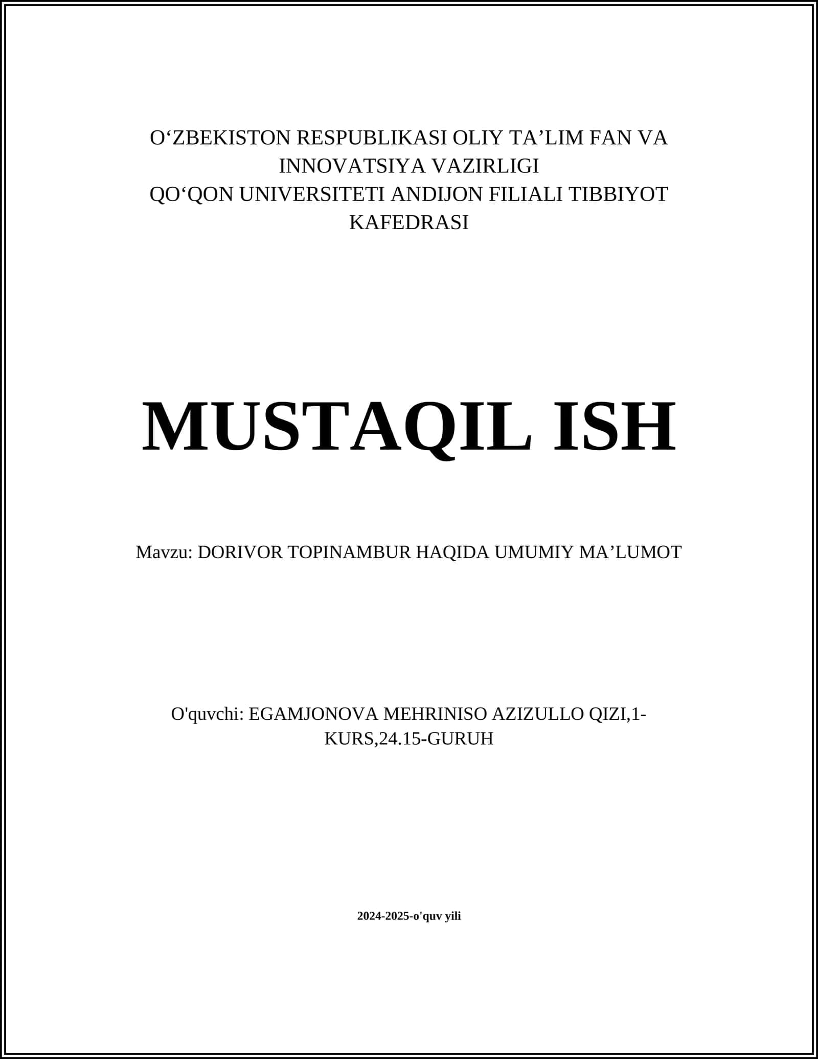 DORIVOR TOPINAMBUR HAQIDA UMUMIY MAʼLUMOT