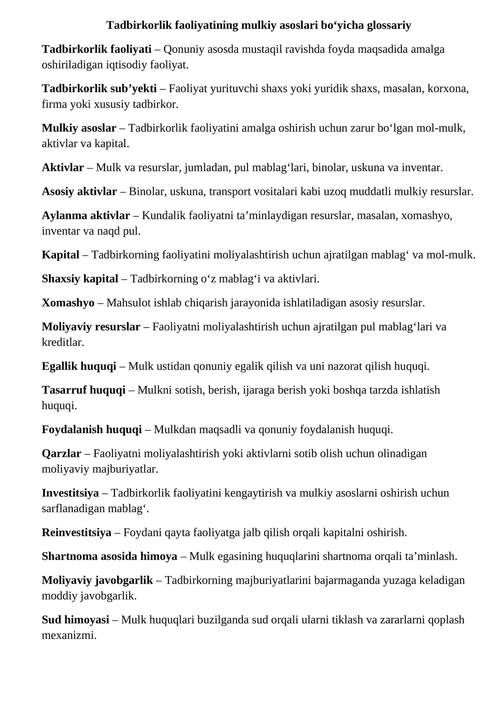 Tadbirkorlik faoliyatining mulkiy asoslari bo‘yicha glossariy