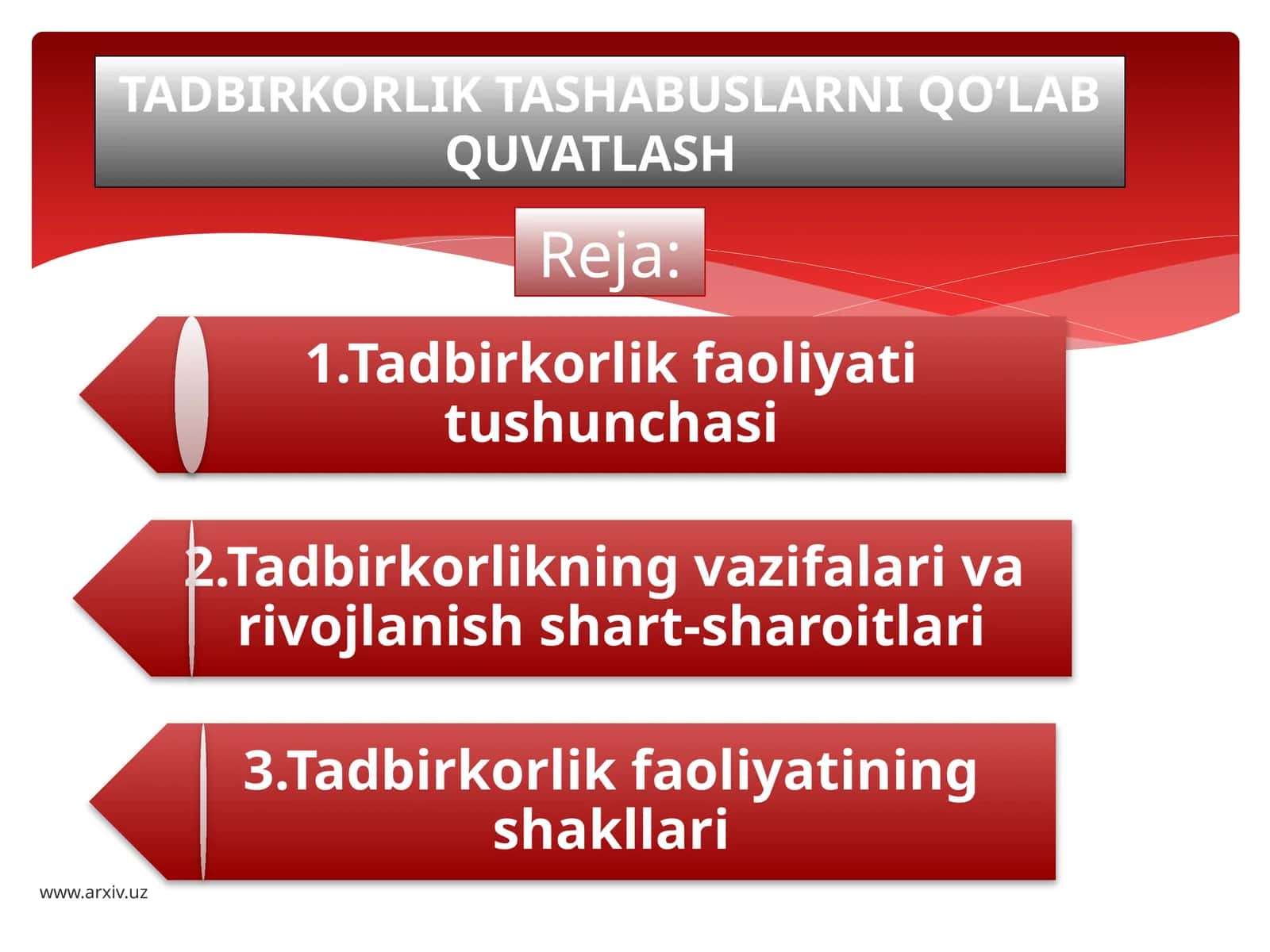 TADBIRKORLIK TASHABUSLARNI QO’LAB QUVATLASH