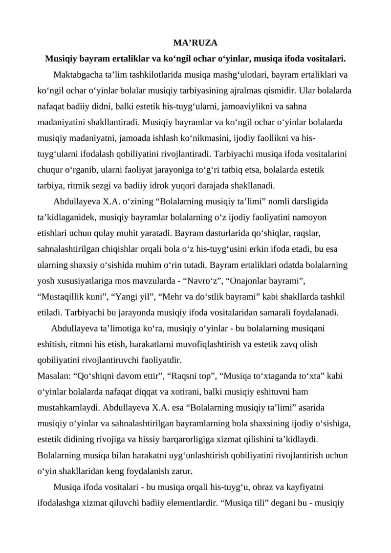Musiqiy bayram ertaliklar va ko‘ngil ochar o‘yinlar, musiqa ifoda vositalari.