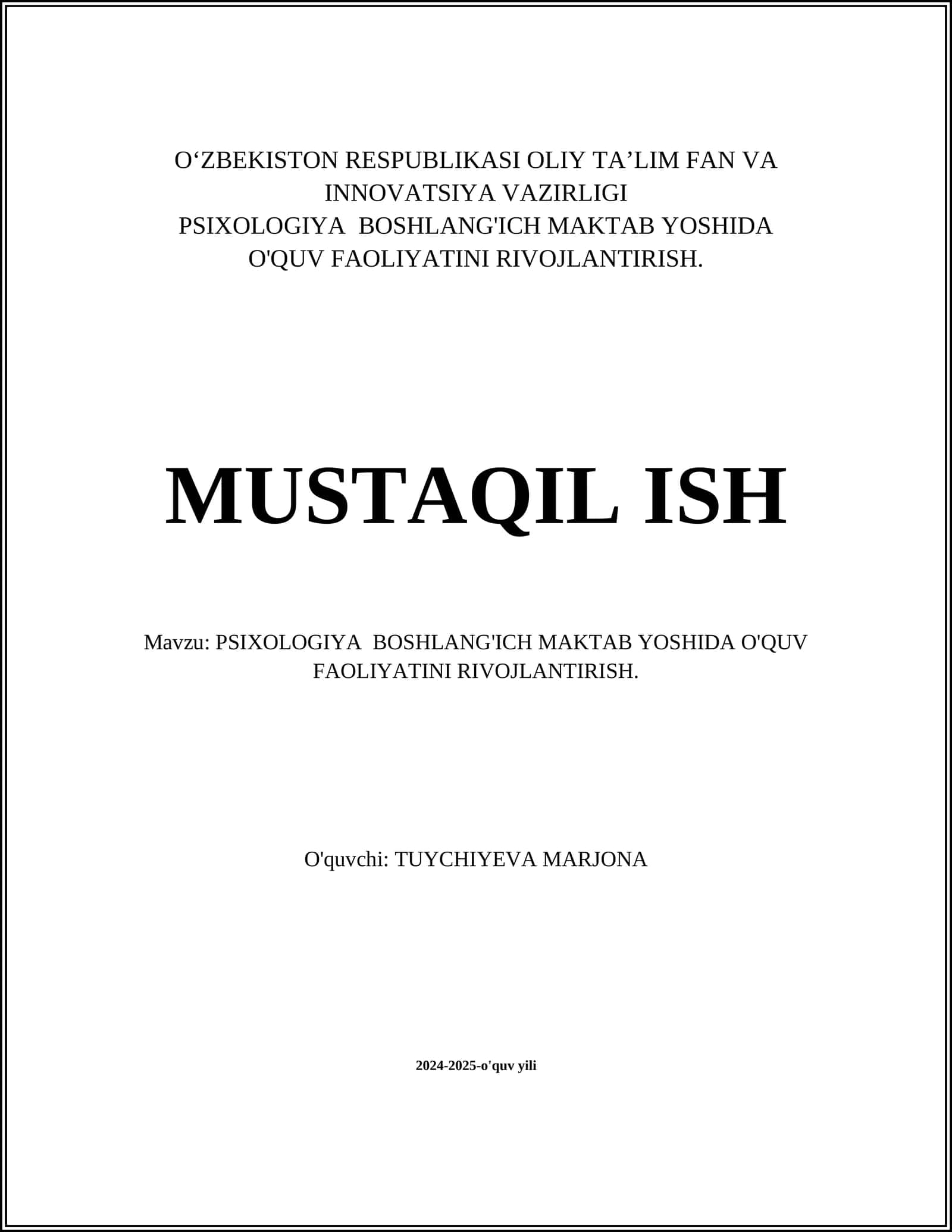 PSIXOLOGIYA BOSHLANG'ICH MAKTAB YOSHIDA O'QUV FAOLIYATINI RIVOJLANTIRISH