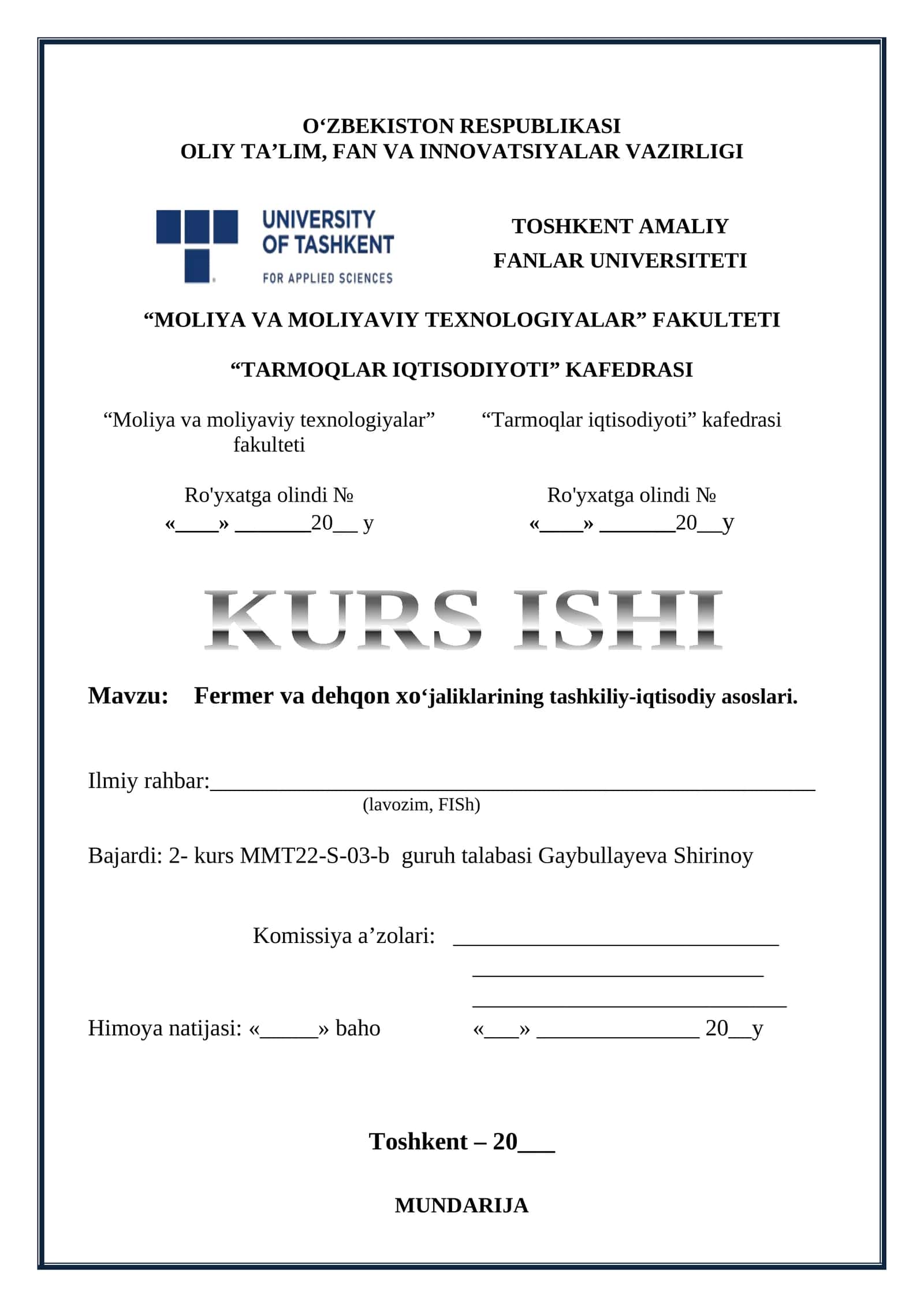 Fermer va dehqon xoʻjaliklarining tashkiliy-iqtisodiy asoslari