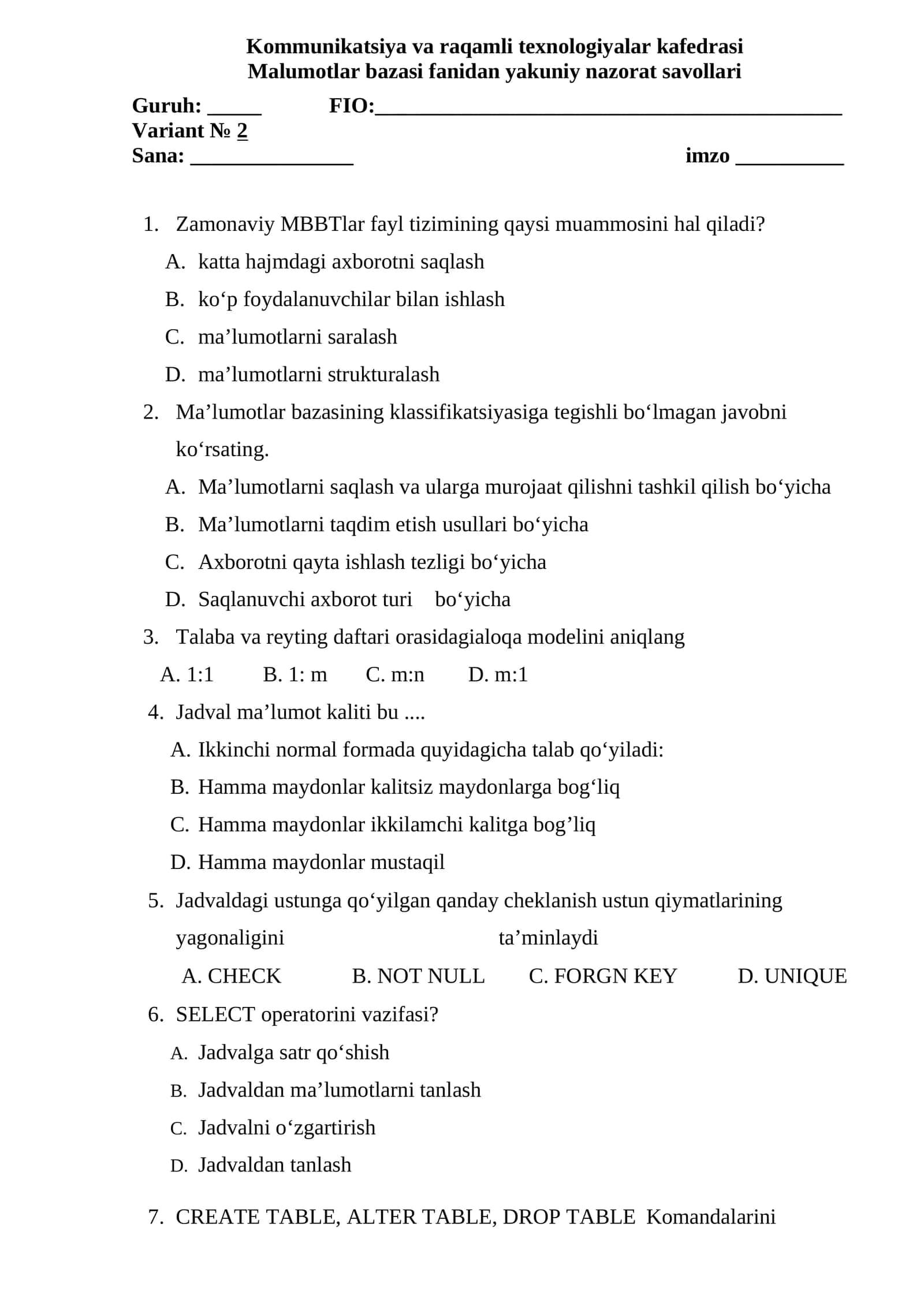 Malumotlar bazasi fanidan yakuniy nazorat savollari