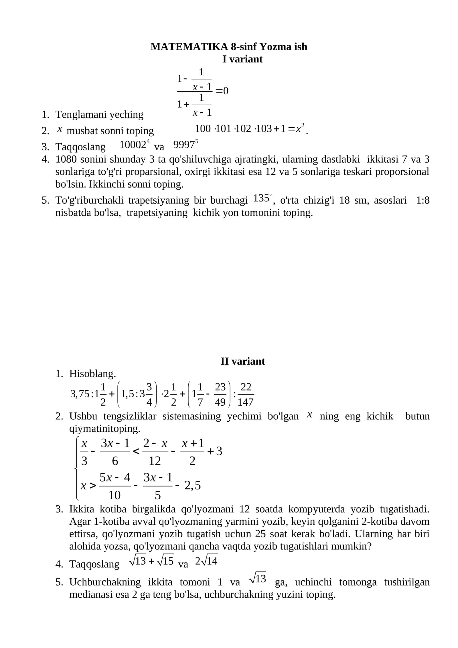 MATEMATIKA 8-sinf Yozma ish
