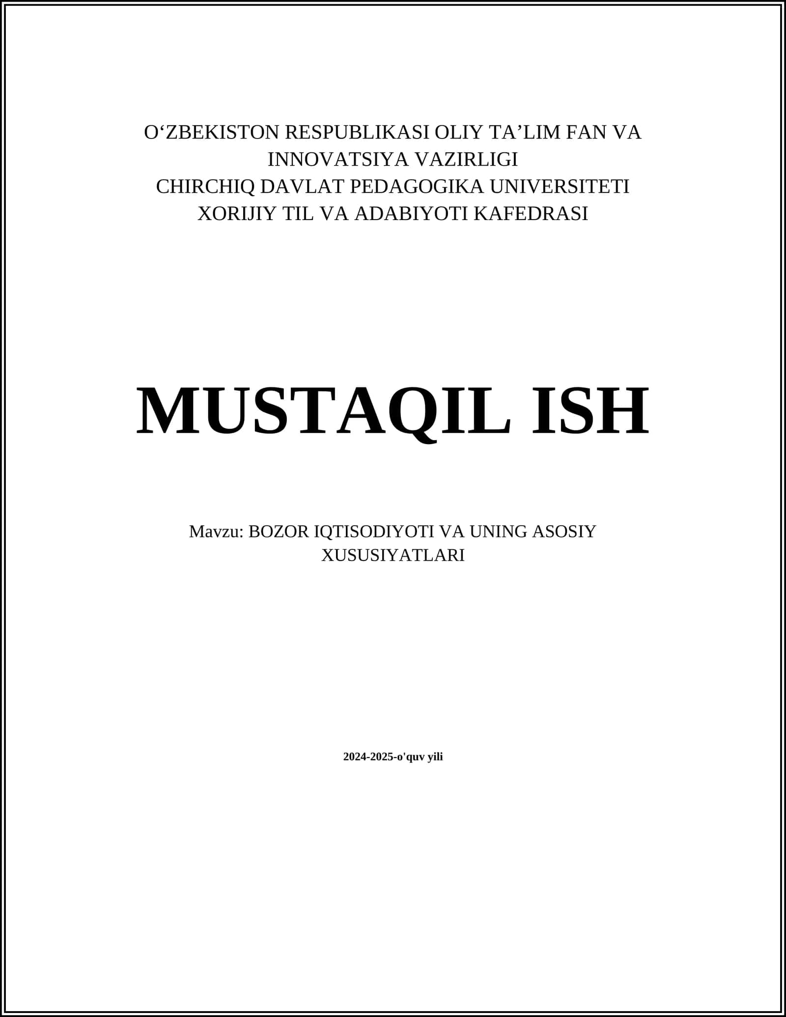 BOZOR IQTISODIYOTI VA UNING ASOSIY XUSUSIYATLARI