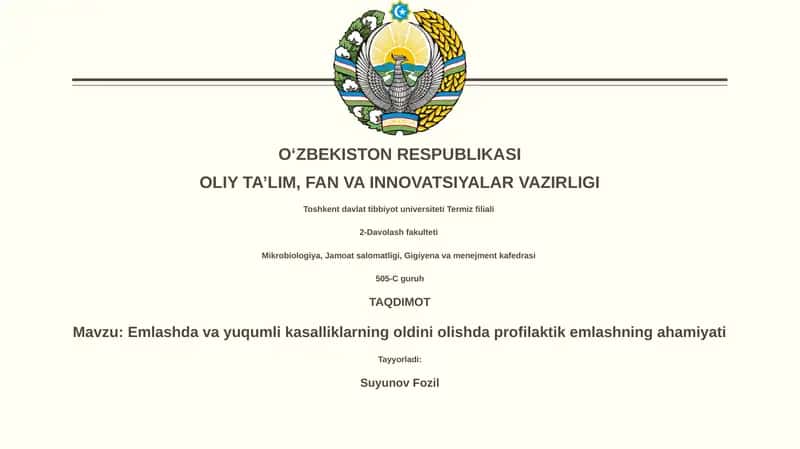 Emlashda va yuqumli kasalliklarning oldini olishda profilaktik emlashning ahamiyati