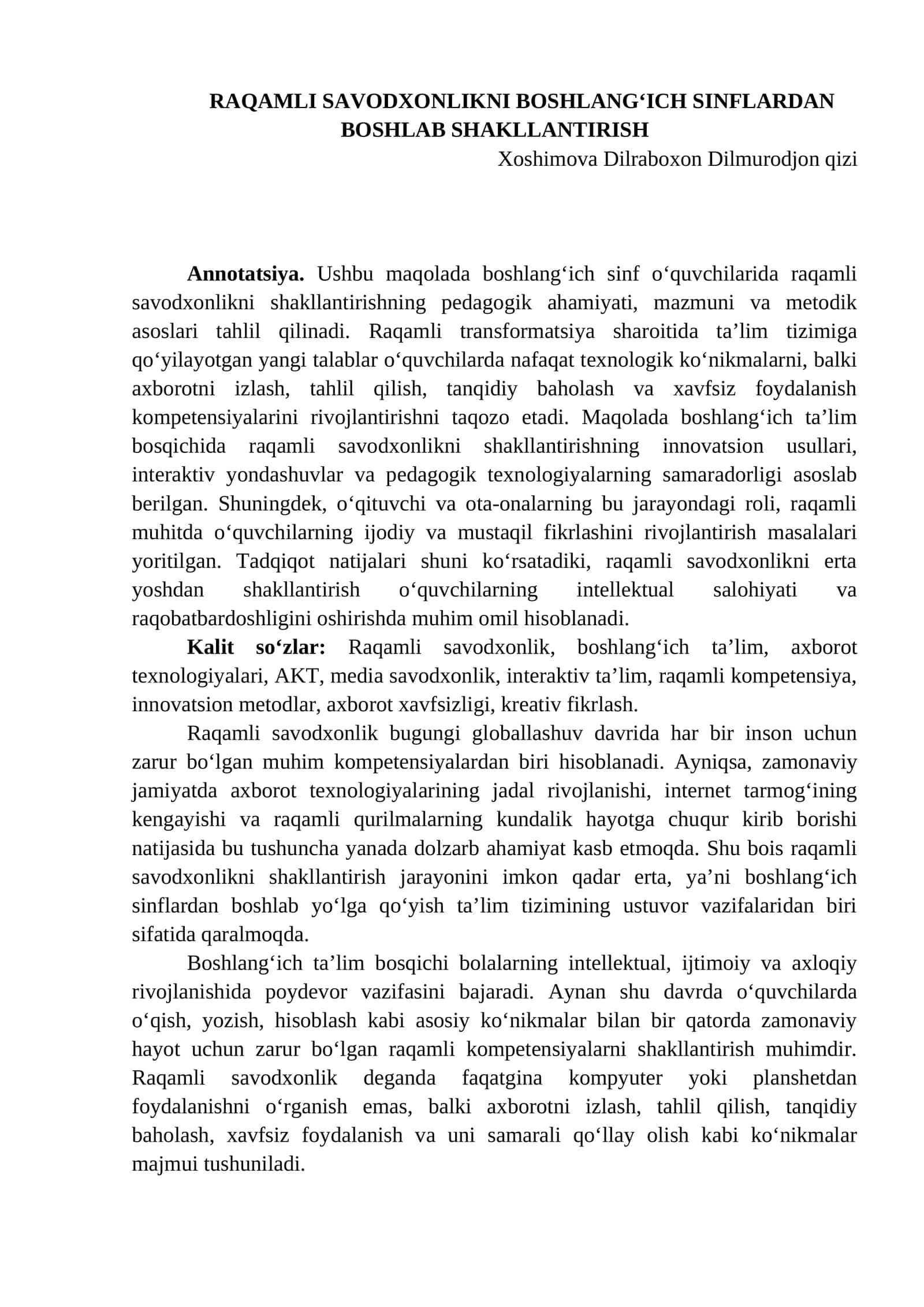 RAQAMLI SAVODXONLIKNI BOSHLANG‘ICH SINFLARDAN BOSHLAB SHAKLLANTIRISH