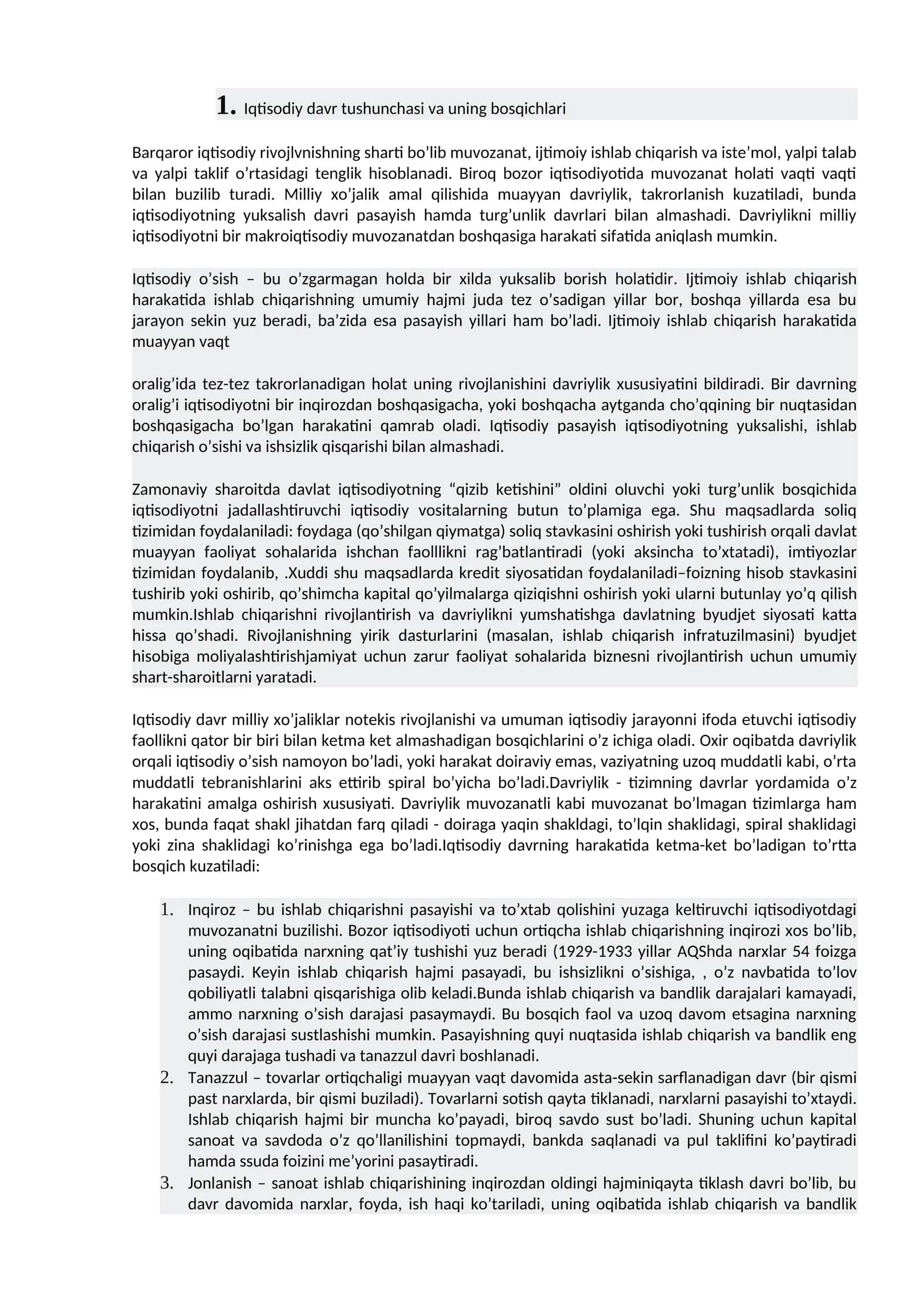 Iqtisodiy davr tushunchasi va uning bosqichlari