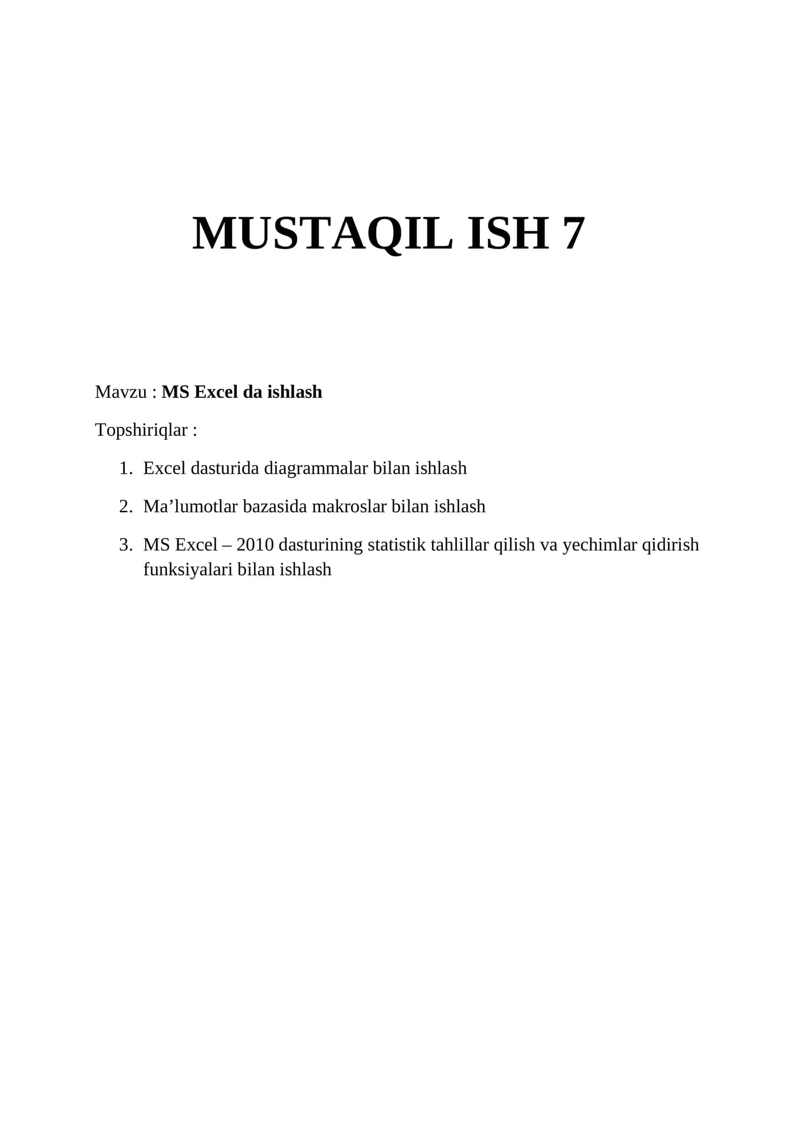 MS Excel da ishlash
