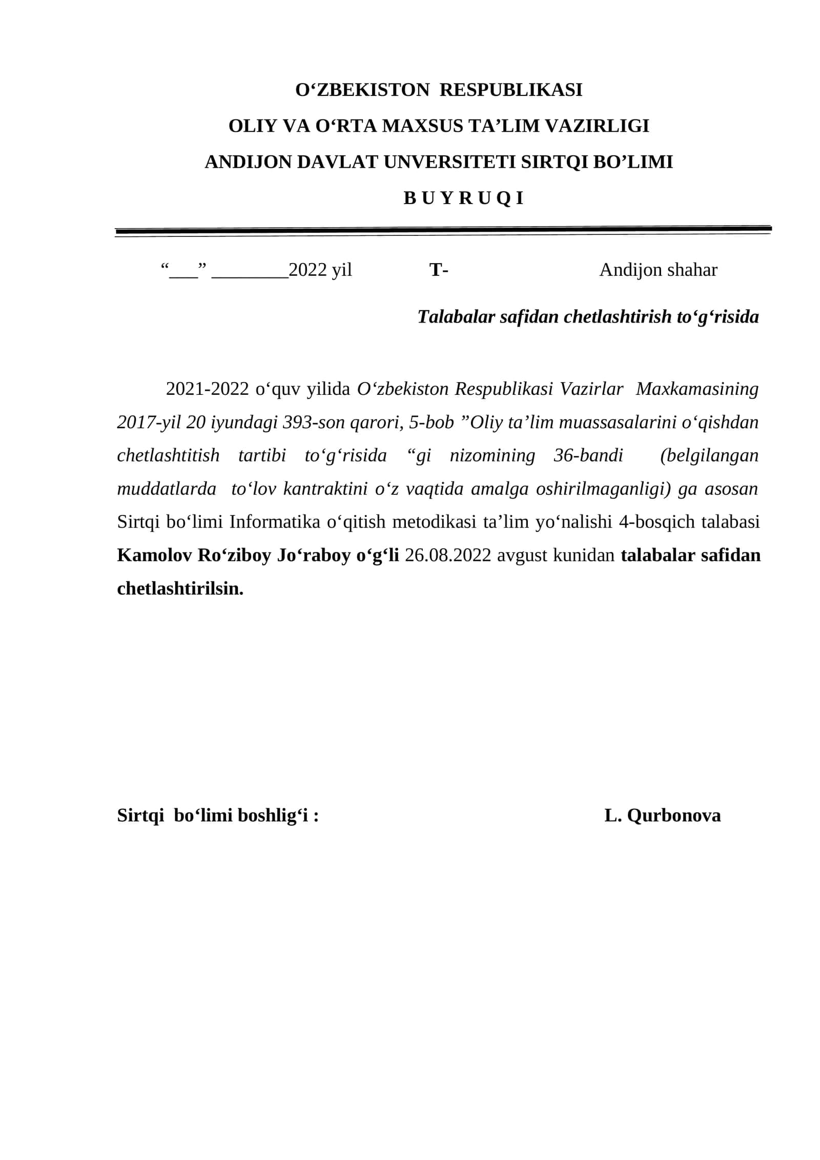 Talabalar safidan chetlashtirish to‘g‘risida