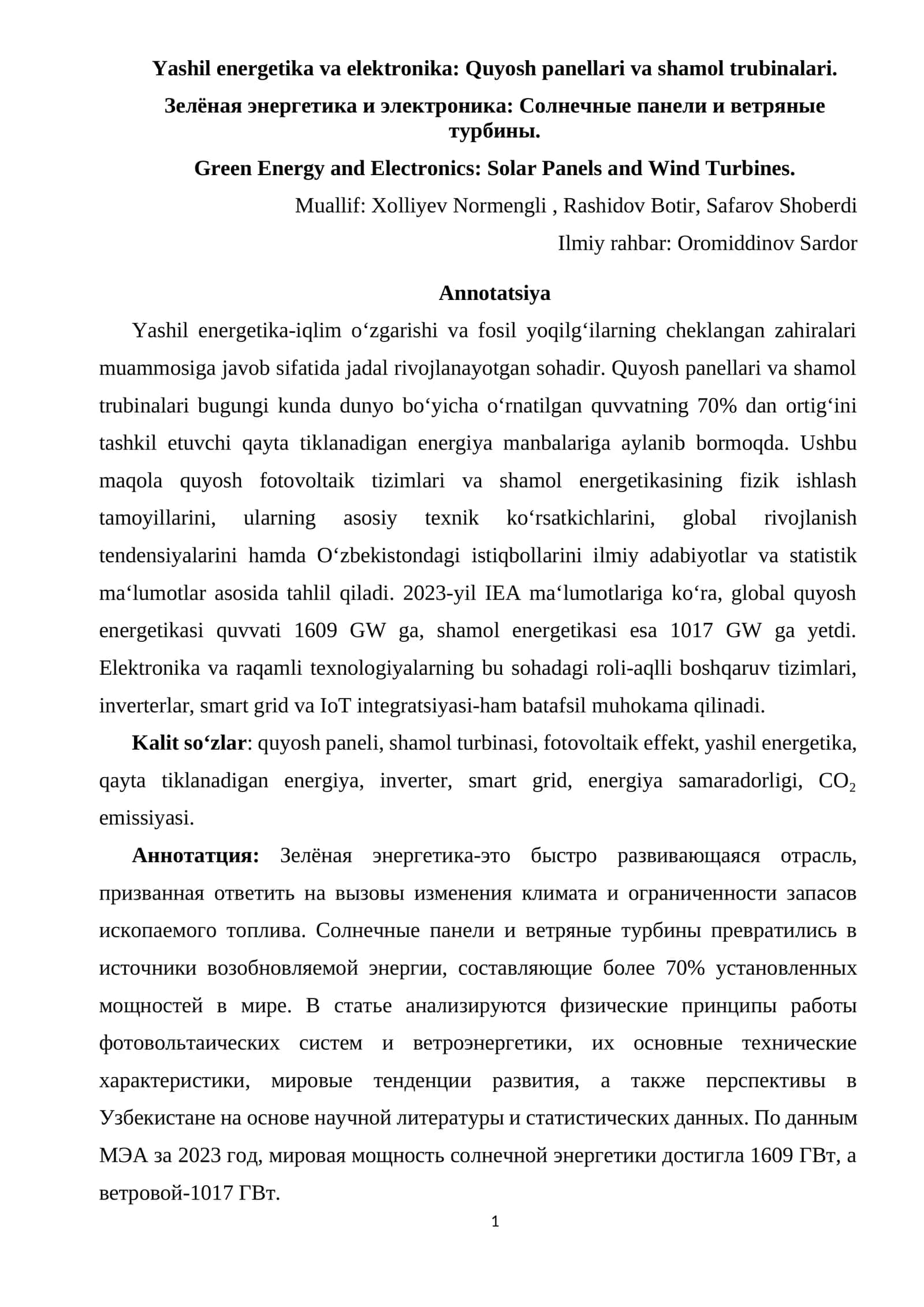 Yashil energetika va elektronika: Quyosh panellari va shamol trubinalari