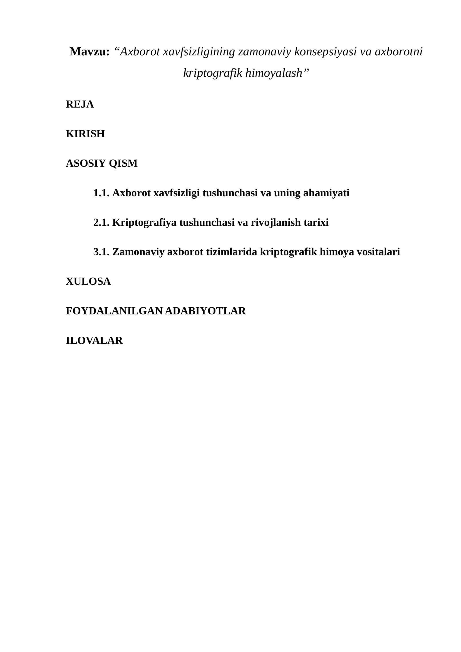 Axborot xavfsizligining zamonaviy konsepsiyasi va axborotni kriptografik himoyalash