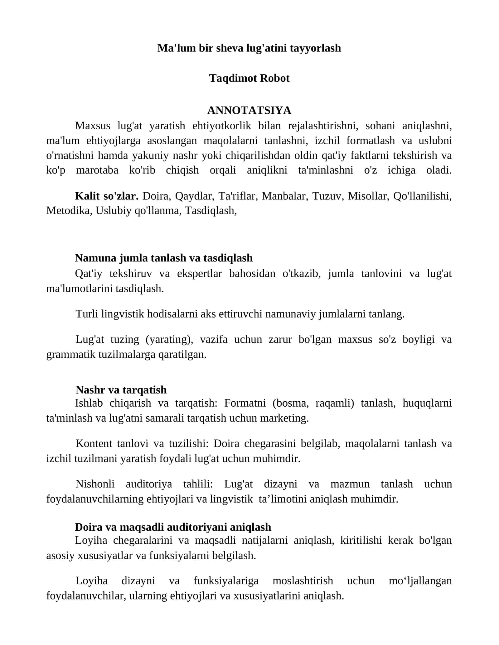 Ma'lum bir sheva lug'atini tayyorlash