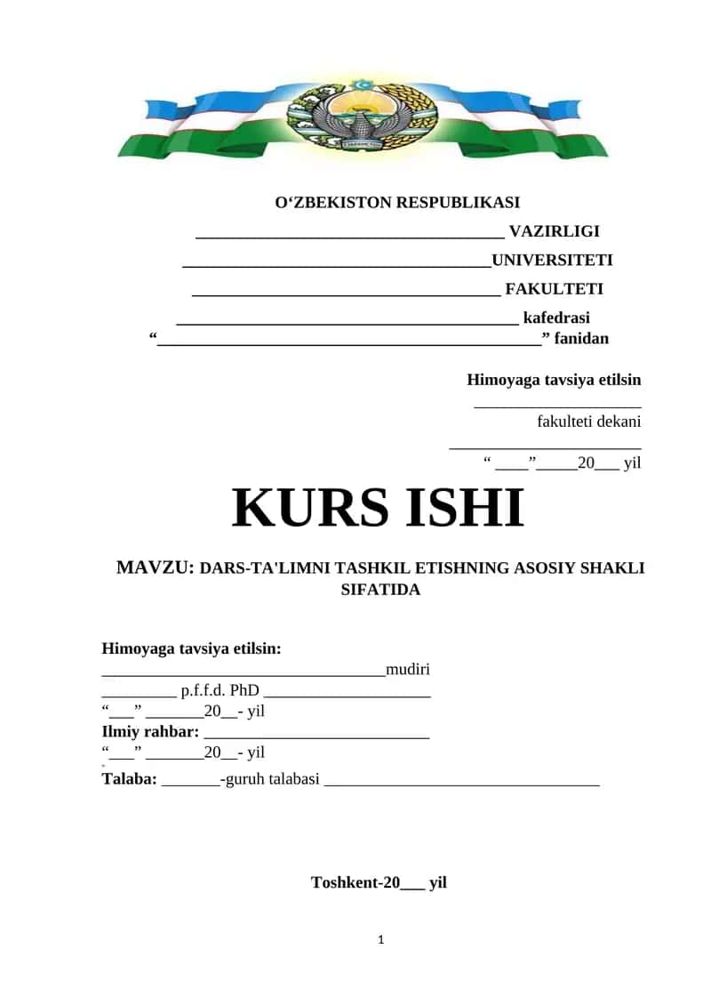 DARS-TA'LIMNI TASHKIL ETISHNING ASOSIY SHAKLI SIFATIDA