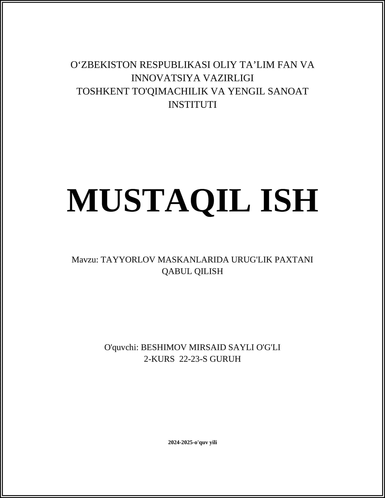 TAYYORLOV MASKANLARIDA URUG'LIK PAXTANI QABUL QILISH