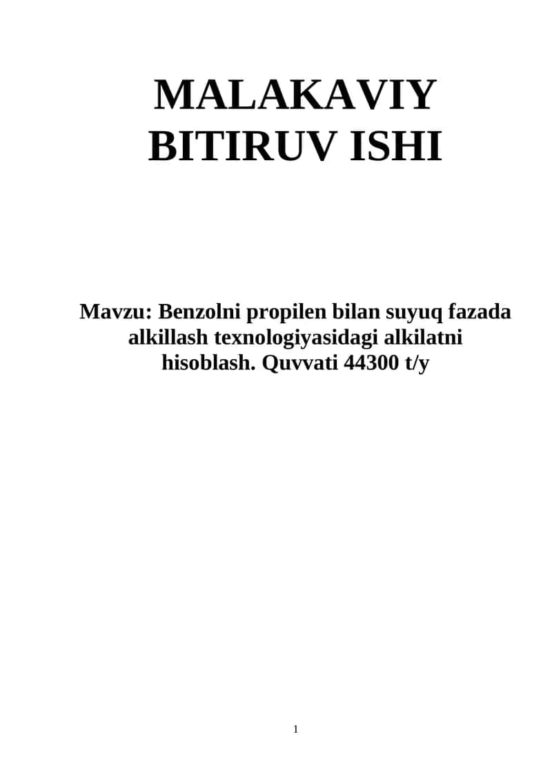 Benzolni propilen bilan suyuq fazada alkillash texnologiyasidagi alkilatni hisoblash.