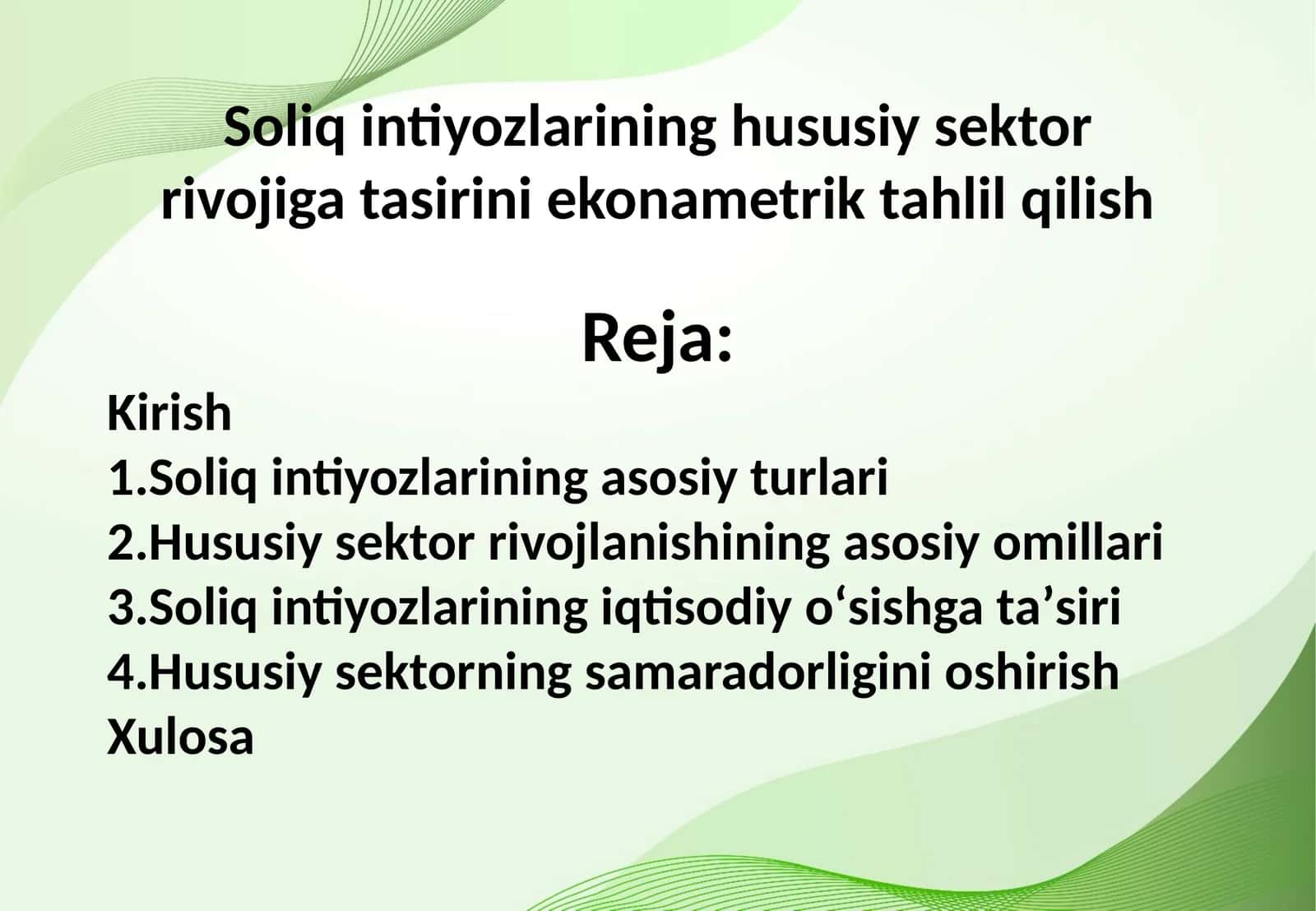 Soliq intiyozlarining hususiy sektor rivojiga tasirini ekonametrik tahlil qilish