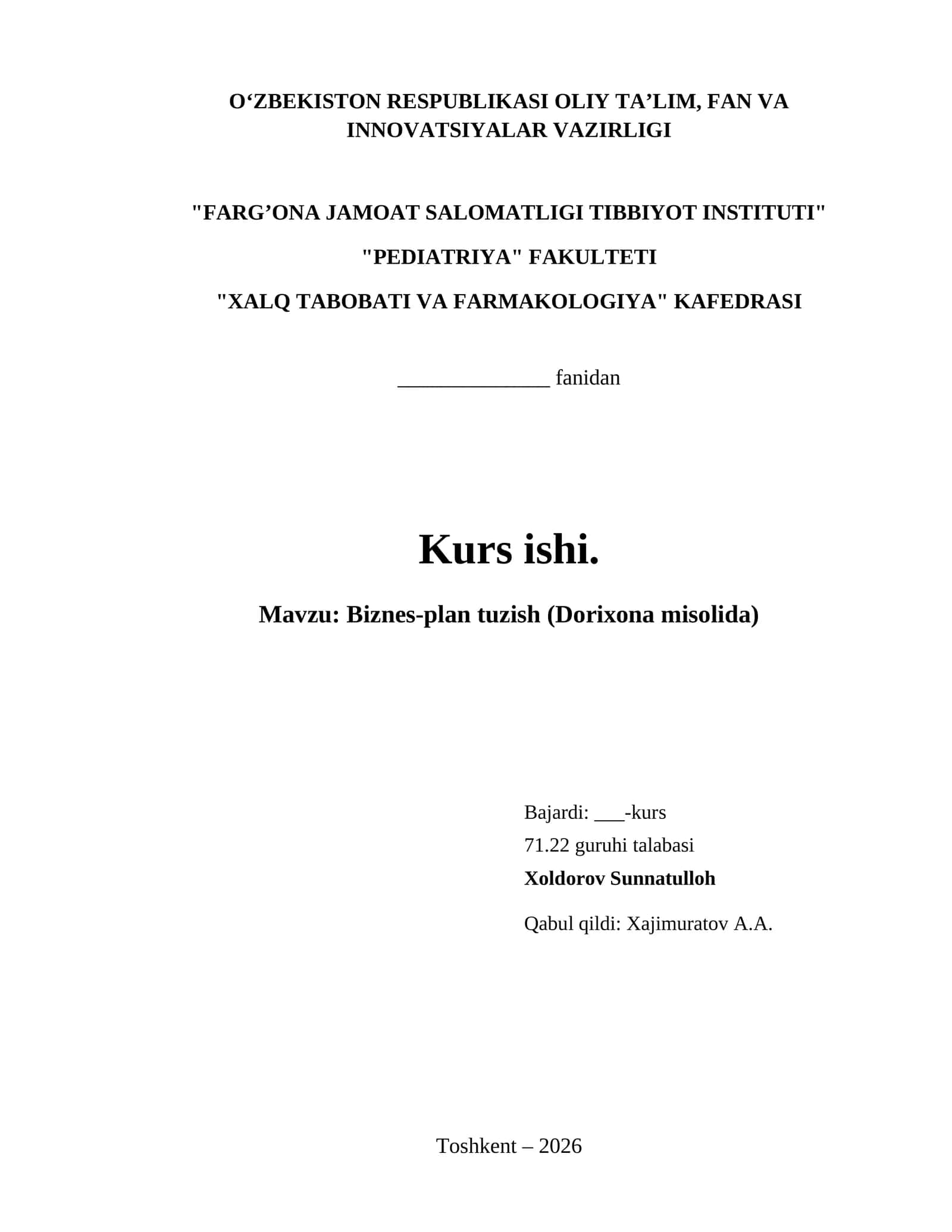 Biznes-plan tuzish (Dorixona misolida)