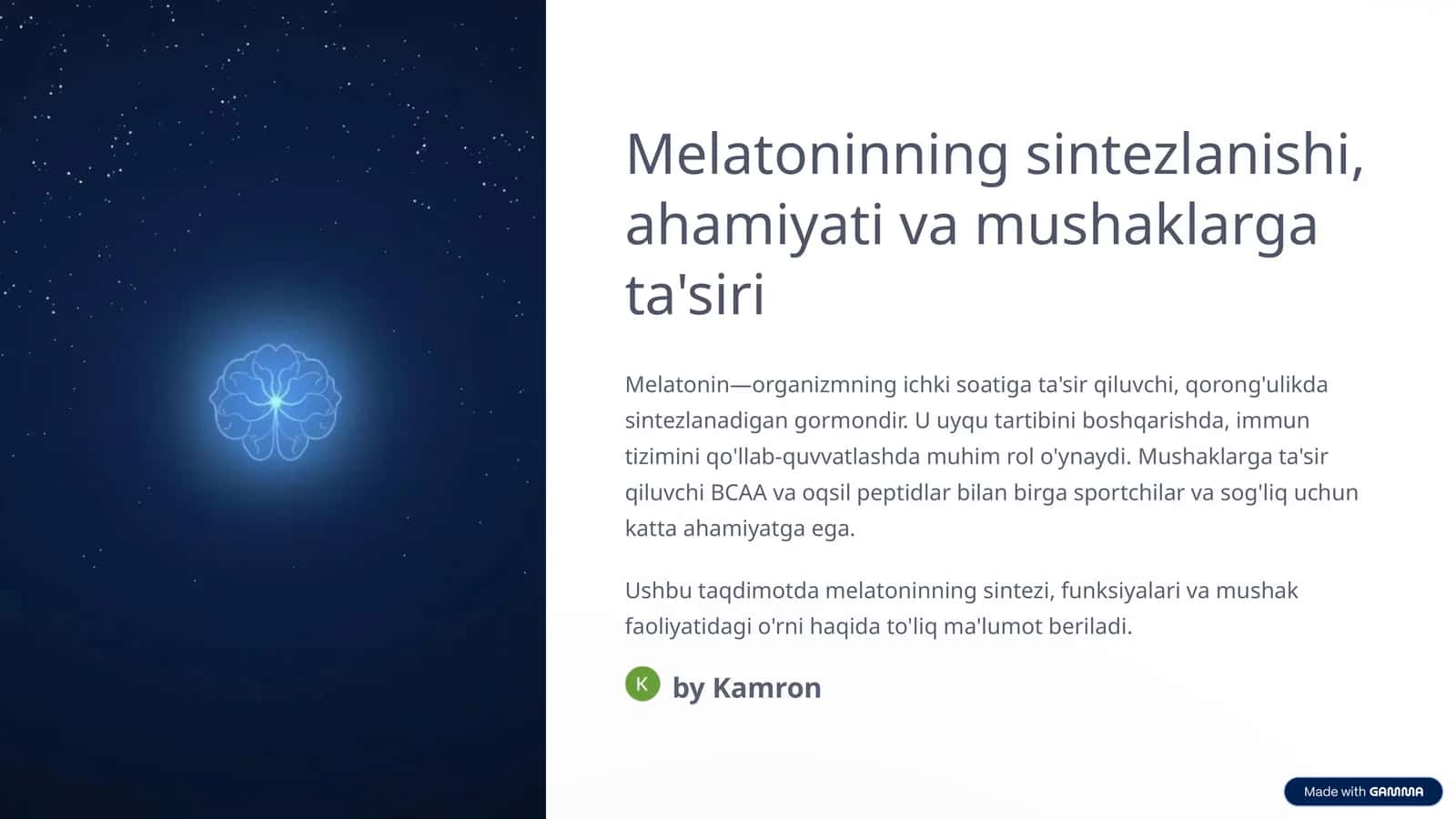 Melatoninning sintezlanishi, ahamiyati va mushaklarga ta'siri