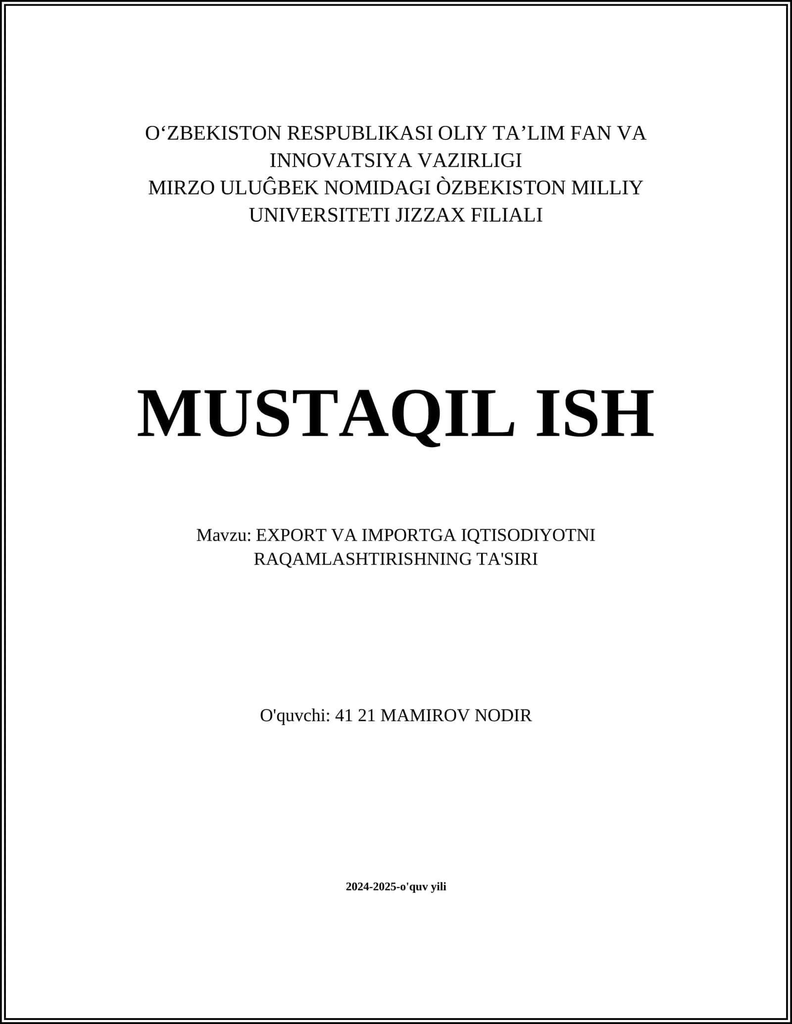 EXPORT VA IMPORTGA IQTISODIYOTNI RAQAMLASHTIRISHNING TA'SIRI