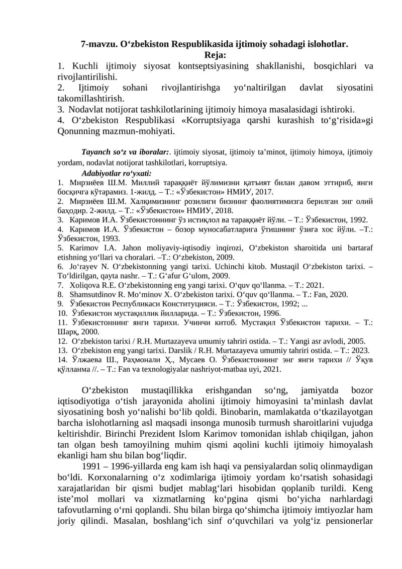 O‘zbekiston Respublikasida ijtimoiy sohadagi islohotlar.