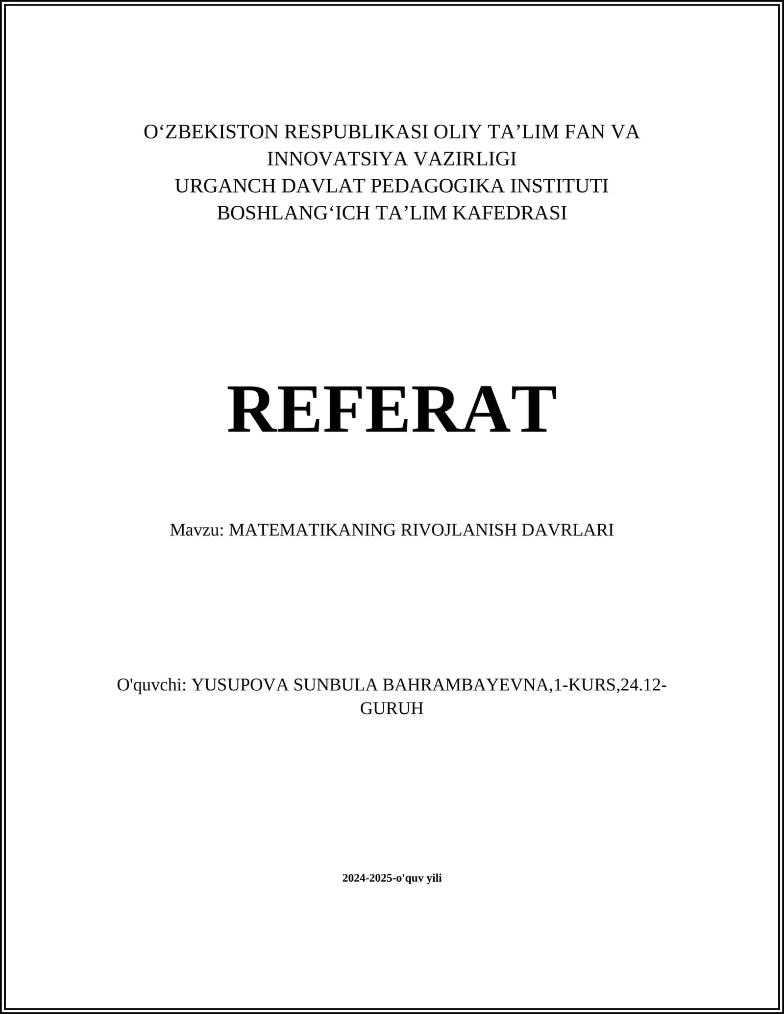MATEMATIKANING RIVOJLANISH DAVRLARI