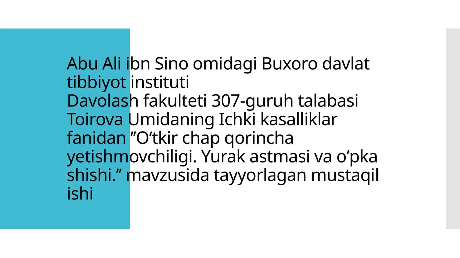 Umidaning Ichki kasalliklar fanidan 'Oʻtkir chap qorincha yetishmovchiligi. Yurak astmasi va oʻpka shishi'