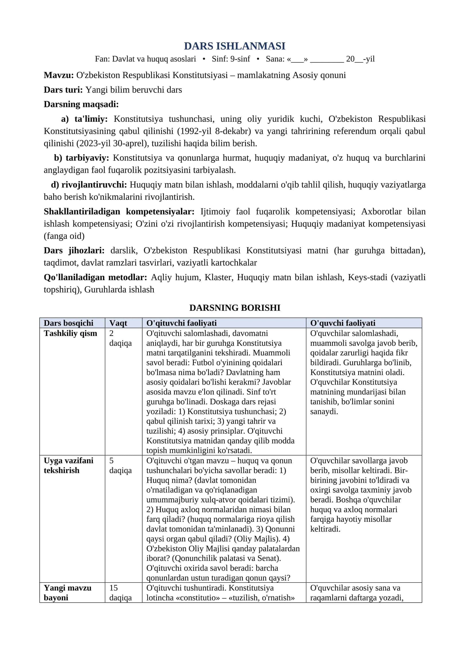 9 sinf Davlat va huquq asoslari dars ishlanma Ozbekiston Respublikasi Konstitutsiyasi mamla