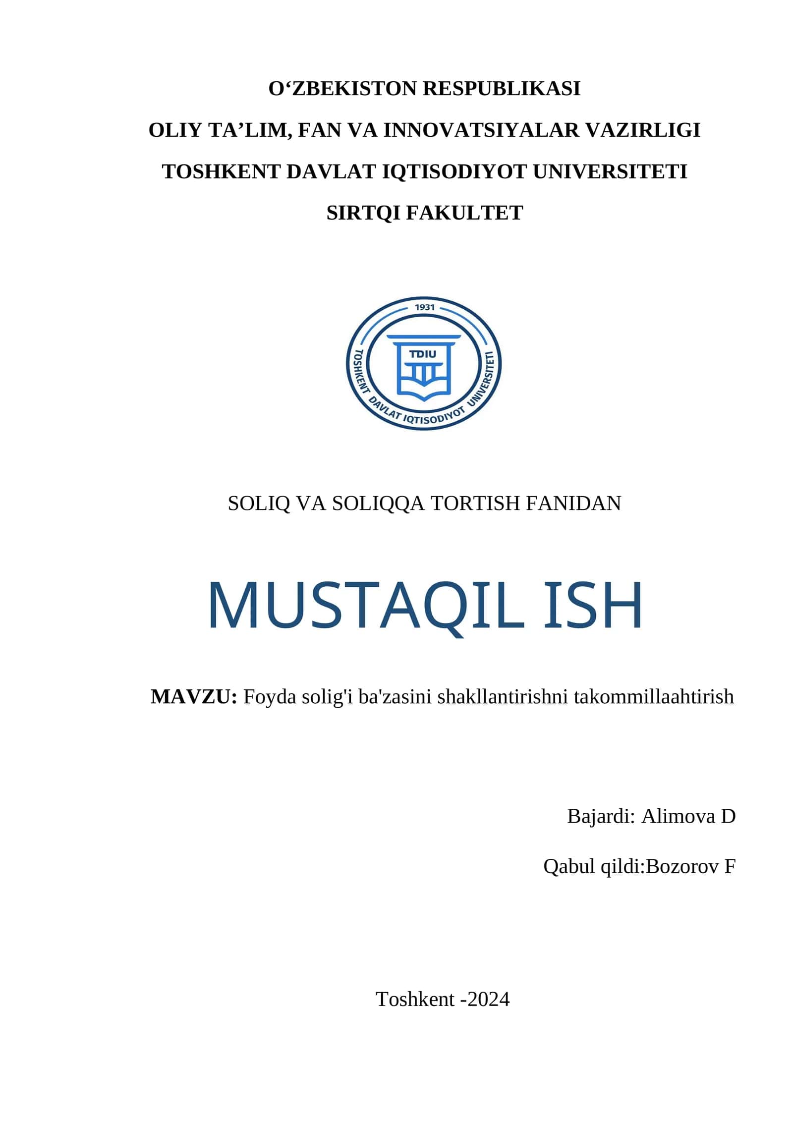 Foyda solig'i ba'zasini shakllantirishni takommillaahtirish