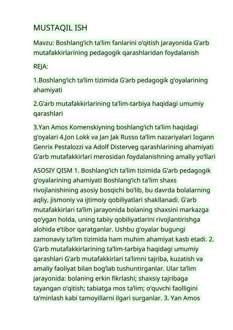 Boshlang‘ich ta’lim fanlarini o‘qitish jarayonida G‘arb mutafakkirlarining pedagogik qarashlaridan foydalanish