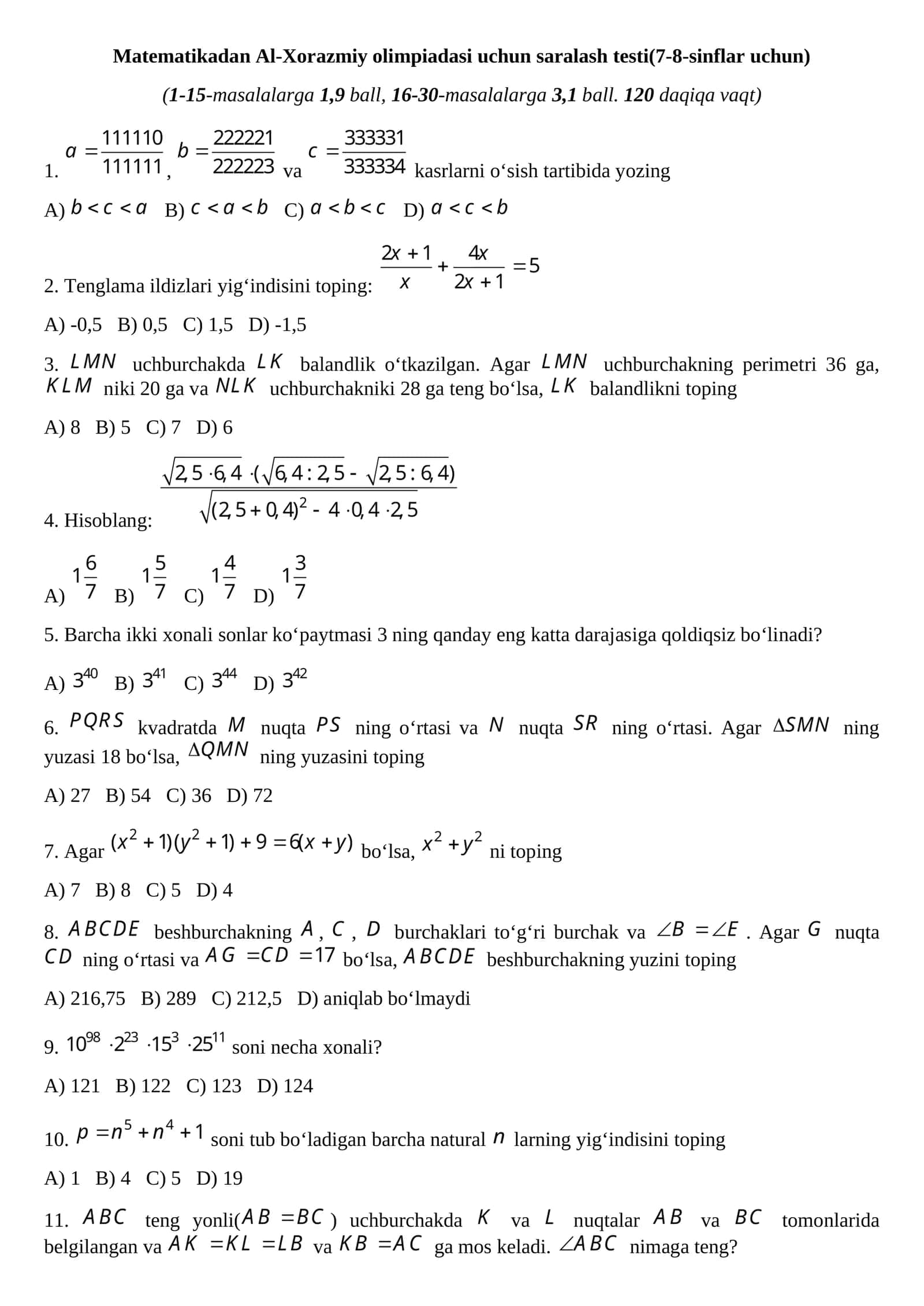 Matematikadan Al-Xorazmiy olimpiadasi uchun saralash testi(7-8-sinflar uchun)