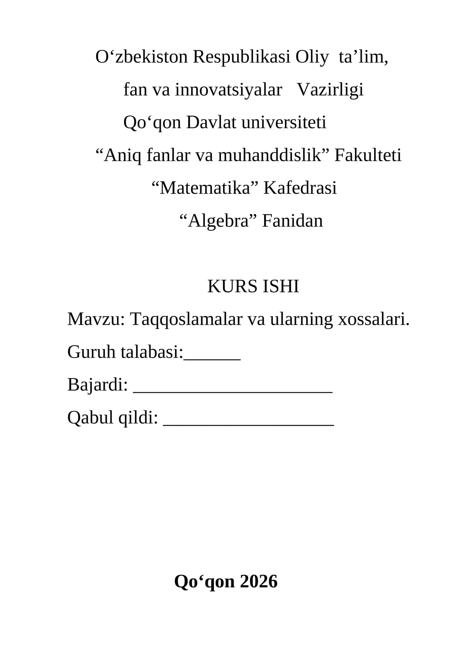 Taqqoslamalar va ularning xossalari kurs ishi