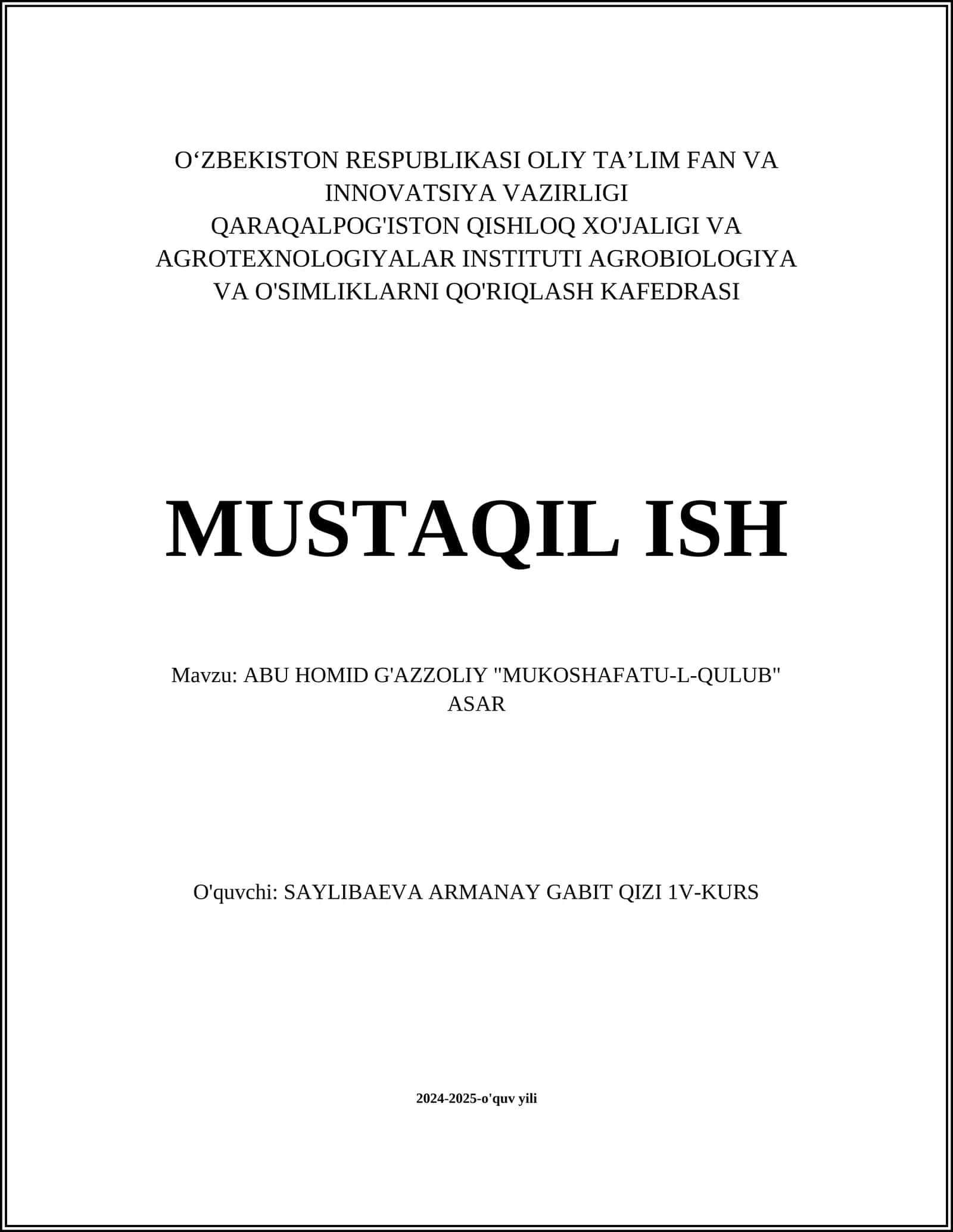 ABU HOMID G'AZZOLIY "MUKOSHAFATU-L-QULUB" ASAR