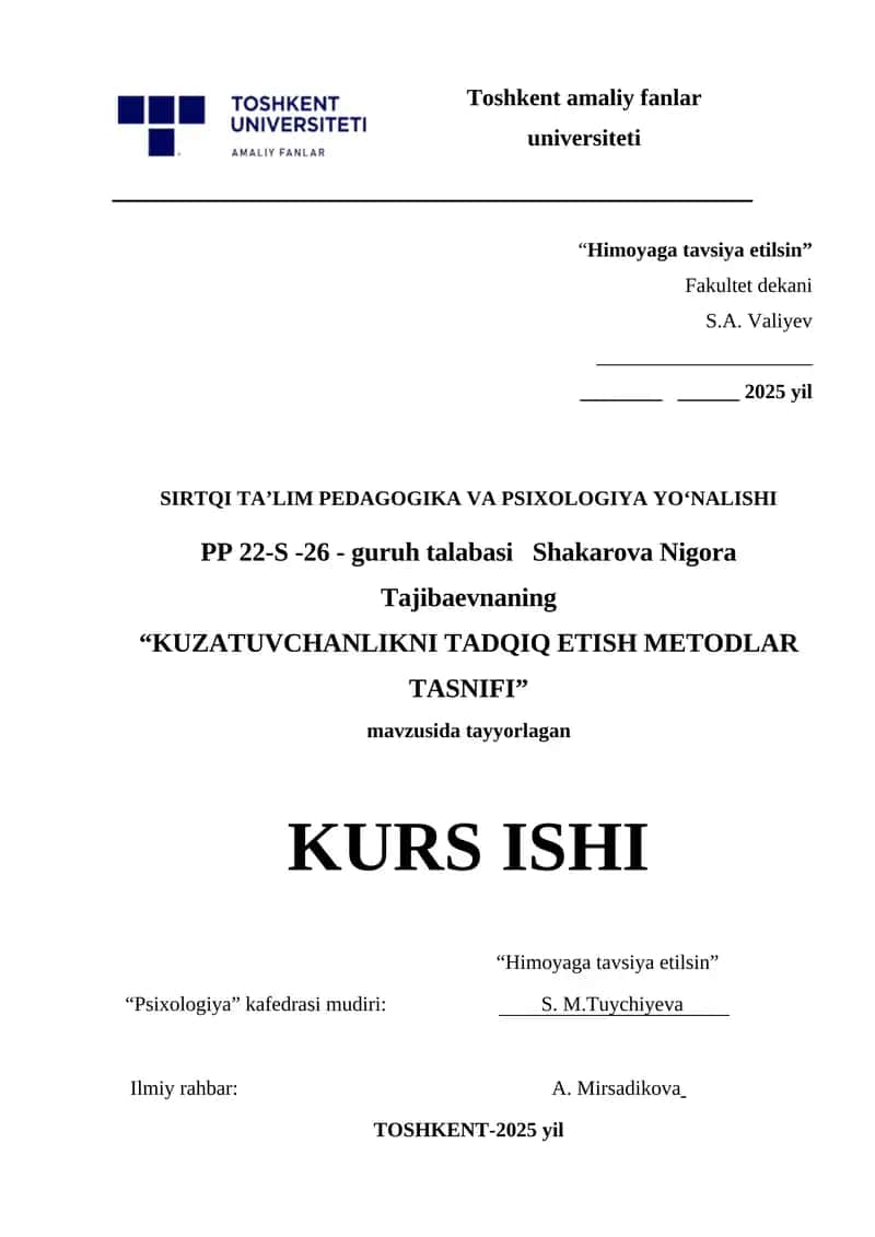 KUZATUVCHANLIKNI TADQIQ ETISH METODLAR TASNIFI