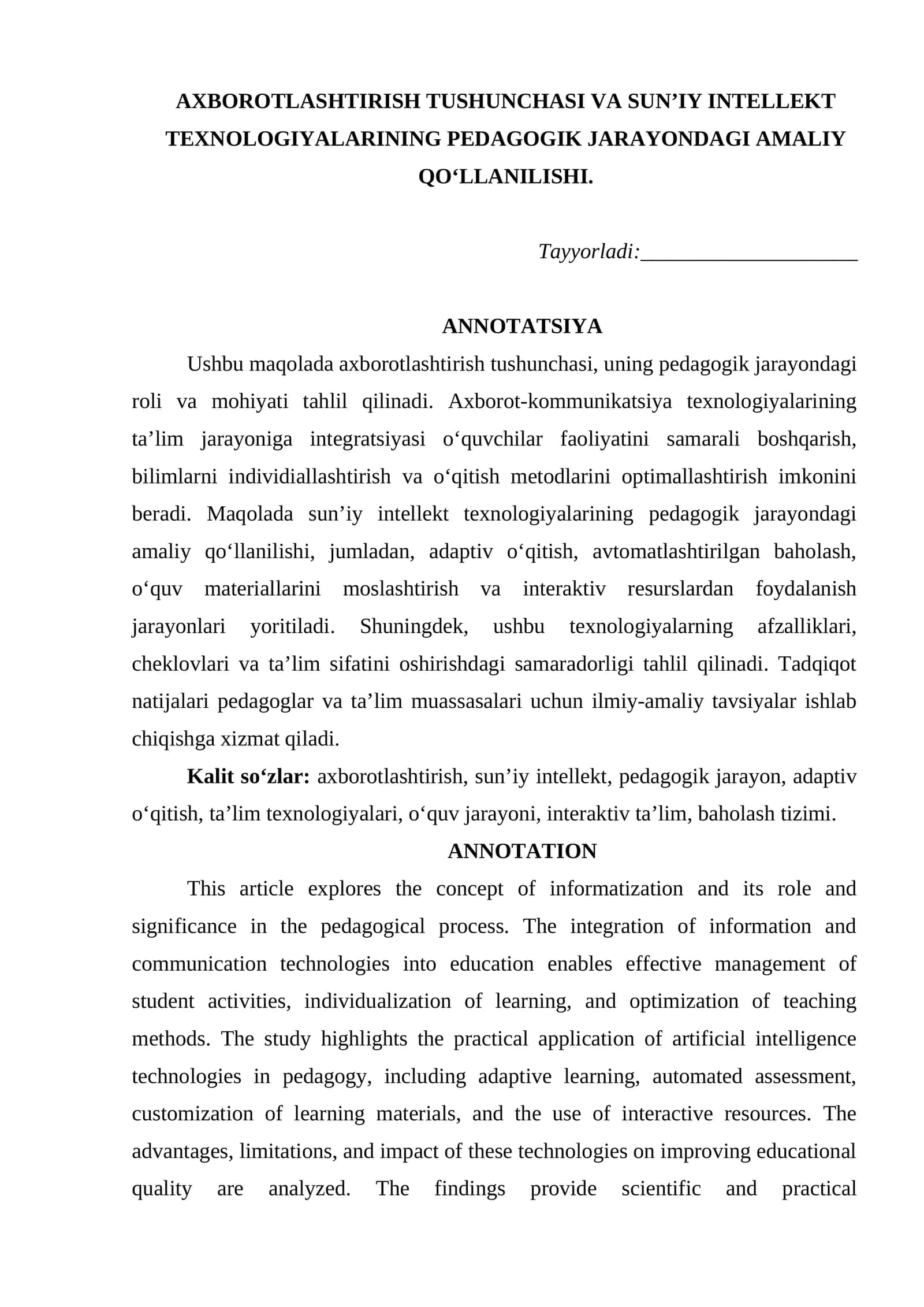 AXBOROTLASHTIRISH TUSHUNCHASI VA SUN’IY INTELLEKT TEXNOLOGIYALARINING PEDAGOGIK JARAYONDAGI AMALIY QO‘LLANILISHI.