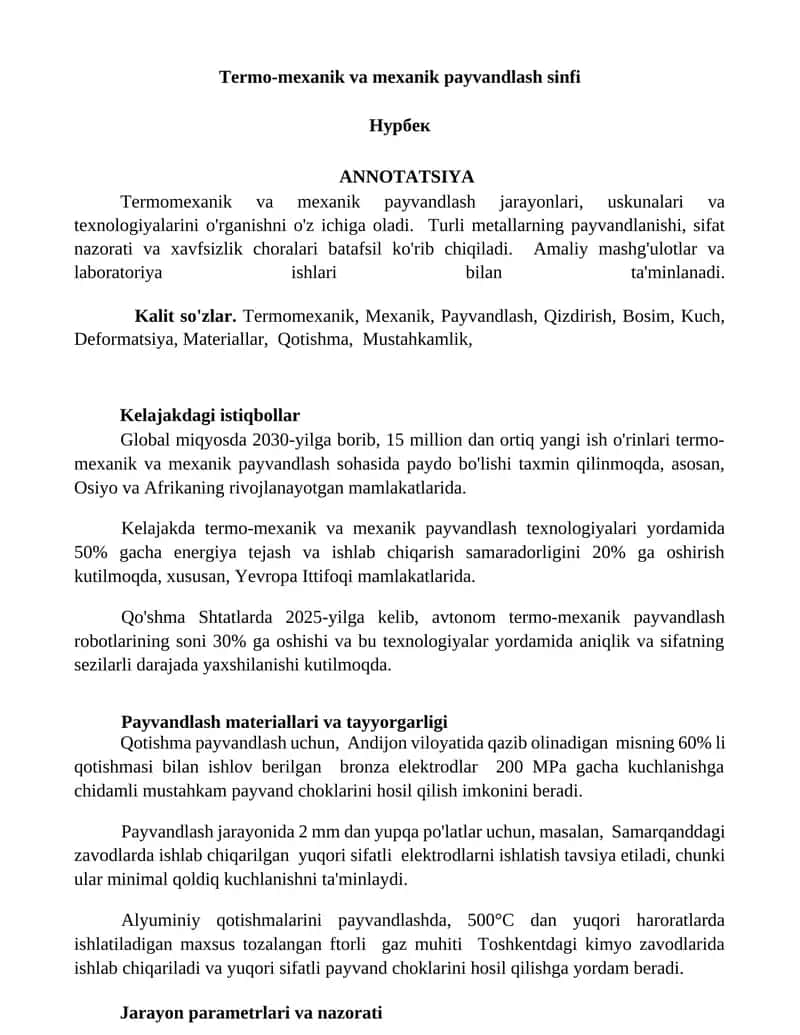 Termo-mexanik va mexanik payvandlash sinfi