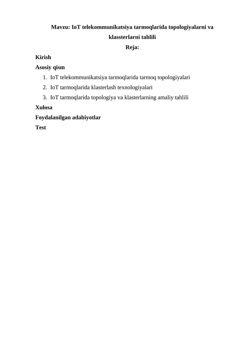 IoT telekommunikatsiya tarmoqlarida topologiyalarni va klassterlarni tahlili