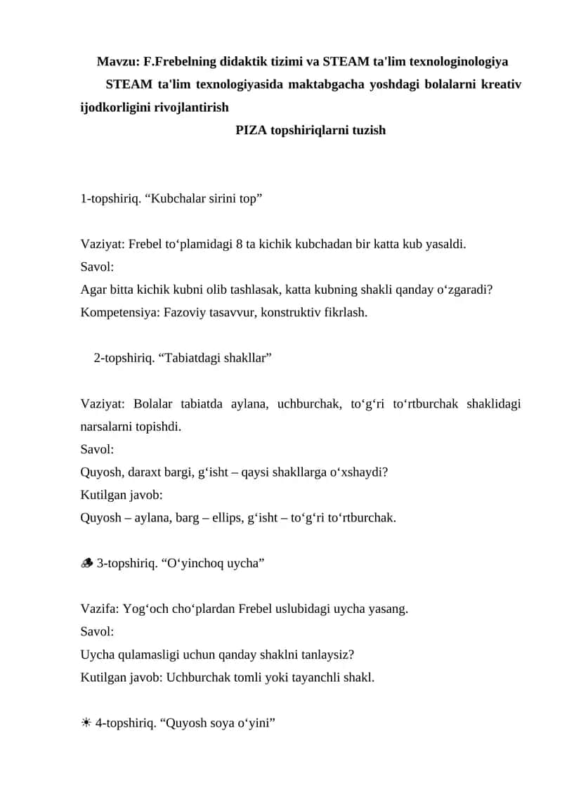 F.Frebelning didaktik tizimi va STEAM ta'lim texnologiyasi