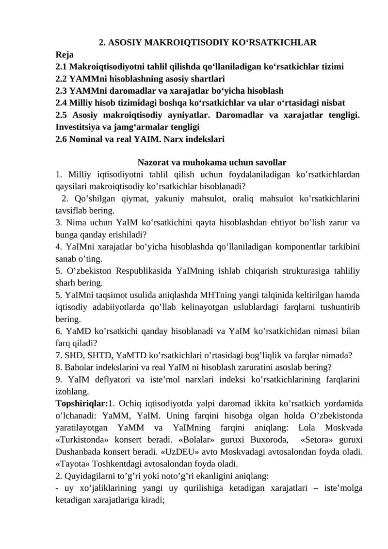 ASOSIY MAKROIQTISODIY KO‘RSATKICHLAR