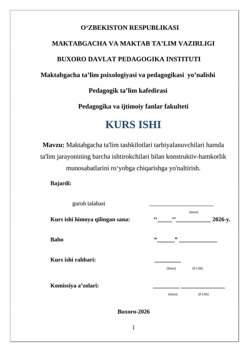 Maktabgacha ta'lim tashkilotlari tarbiyalanuvchilari hamda ta'lim jarayonining barcha ishtirokchilari bilan konstruktiv-hamkorlik munosabatlarini roʻyobga chiqarishga yo'naltirish.