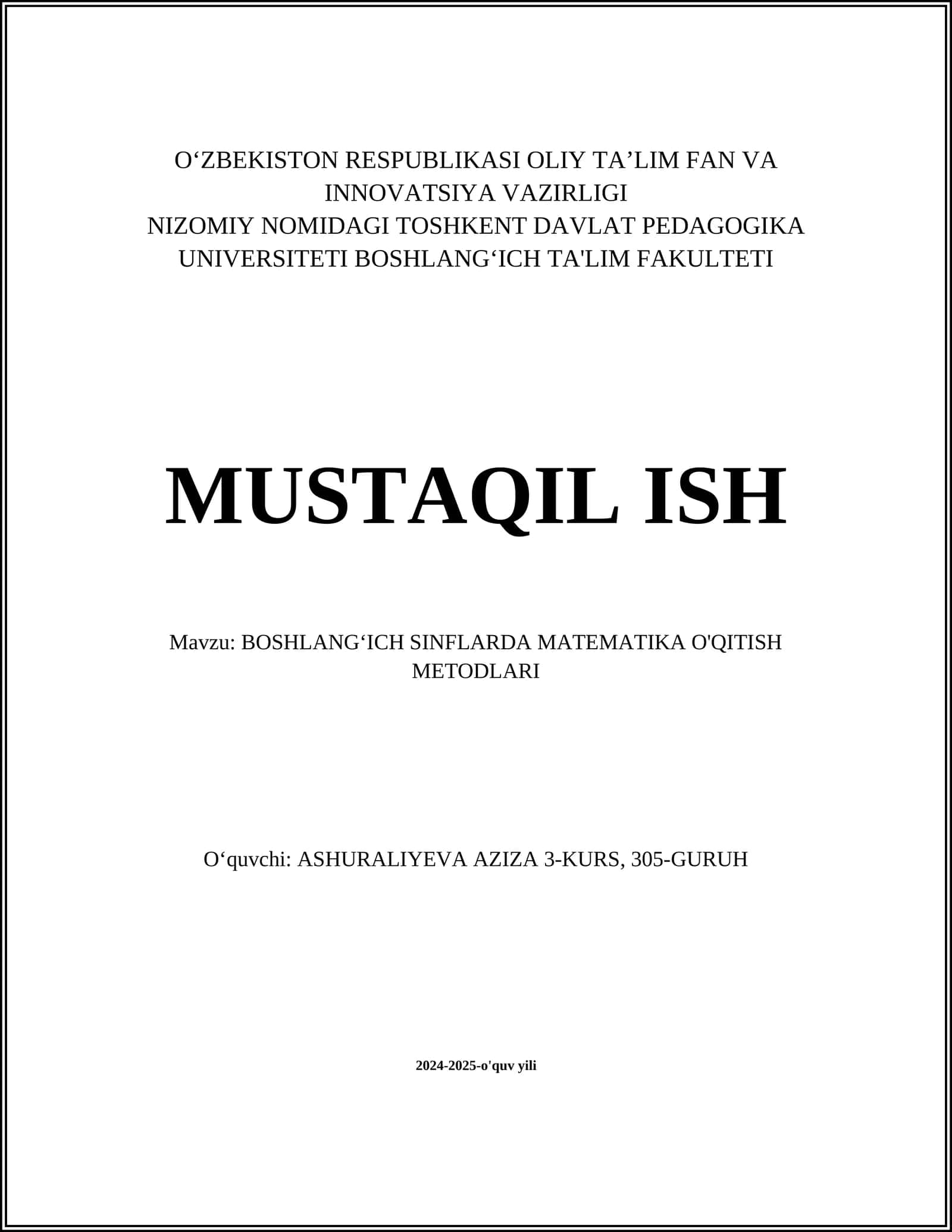 BOSHLANGʻICH SINFLARDA MATEMATIKA O'QITISH METODLARI