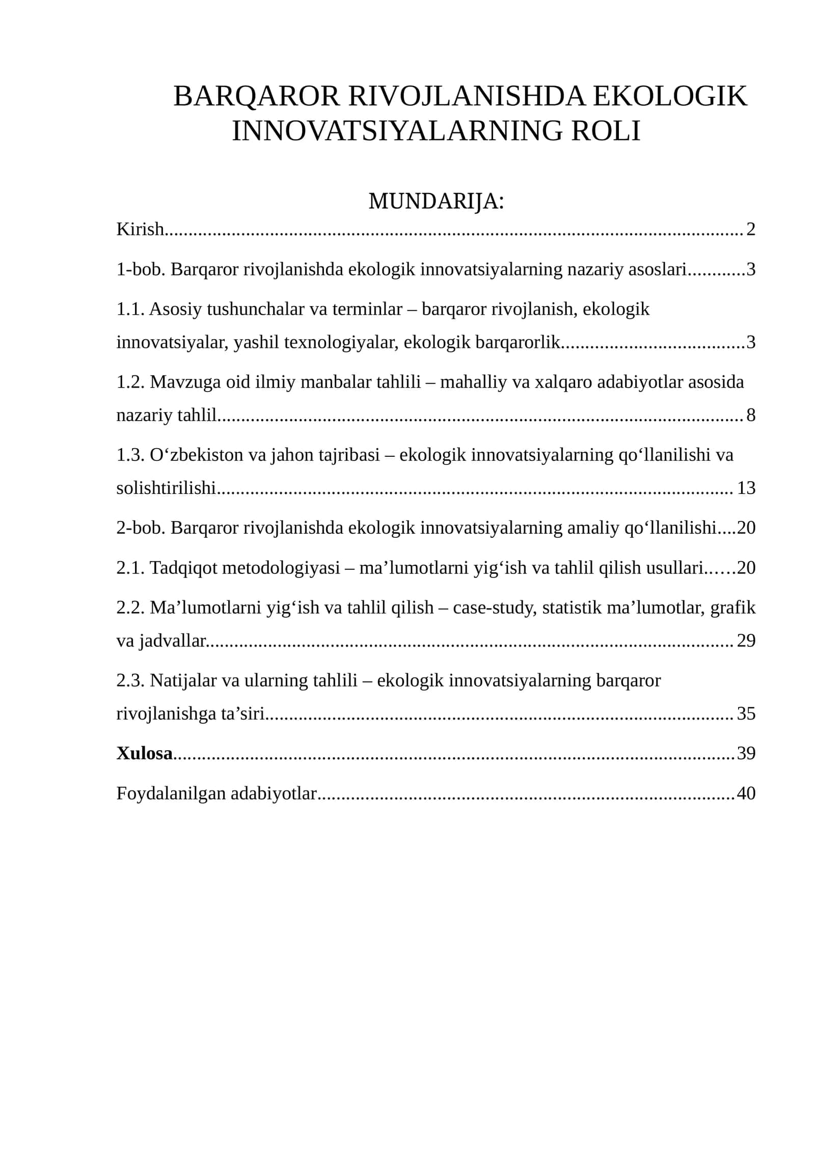 BARQAROR RIVOJLANISHDA EKOLOGIK INNOVATSIYALARNING ROLI