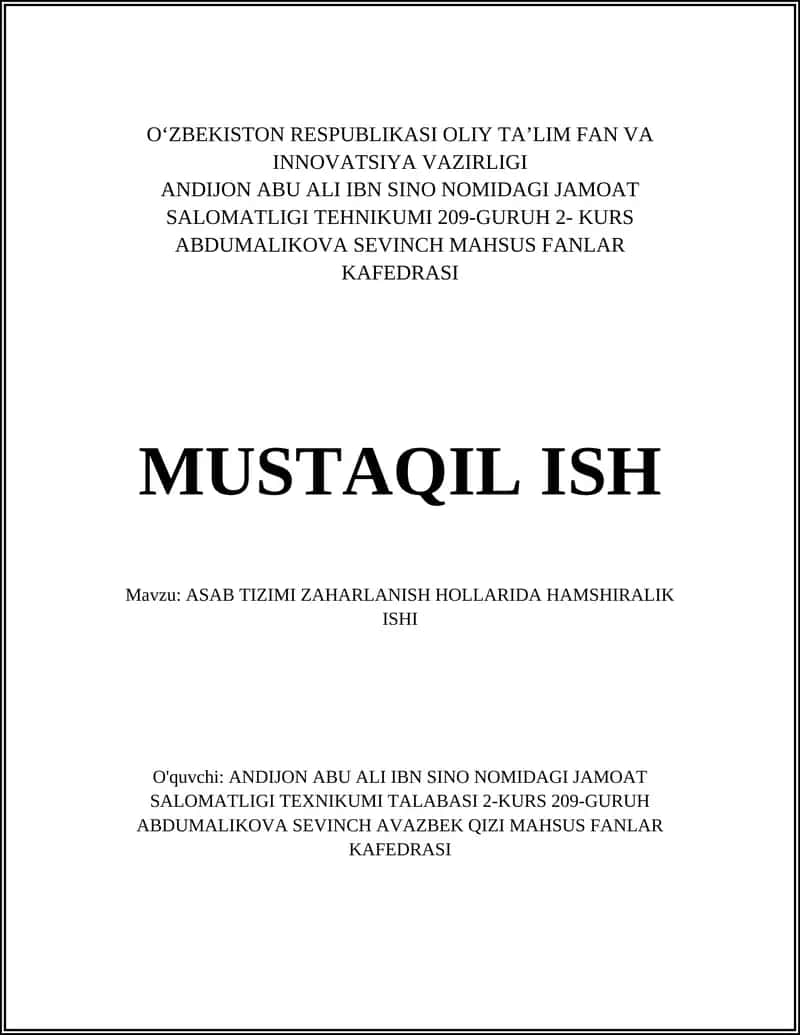 ASAB TIZIMI ZAHARLANISH HOLLARIDA HAMSHIRALIK ISHI